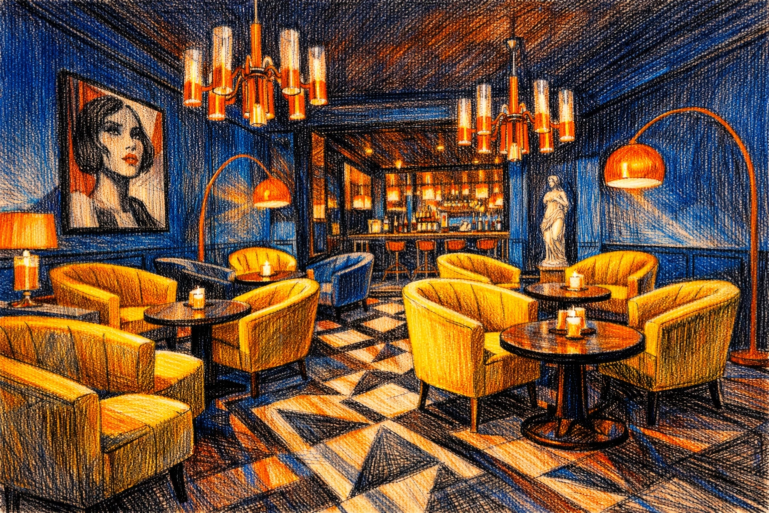 Boutique hotel interior design with bold yellow armchairs and deep blue walls in a vibrant lounge.