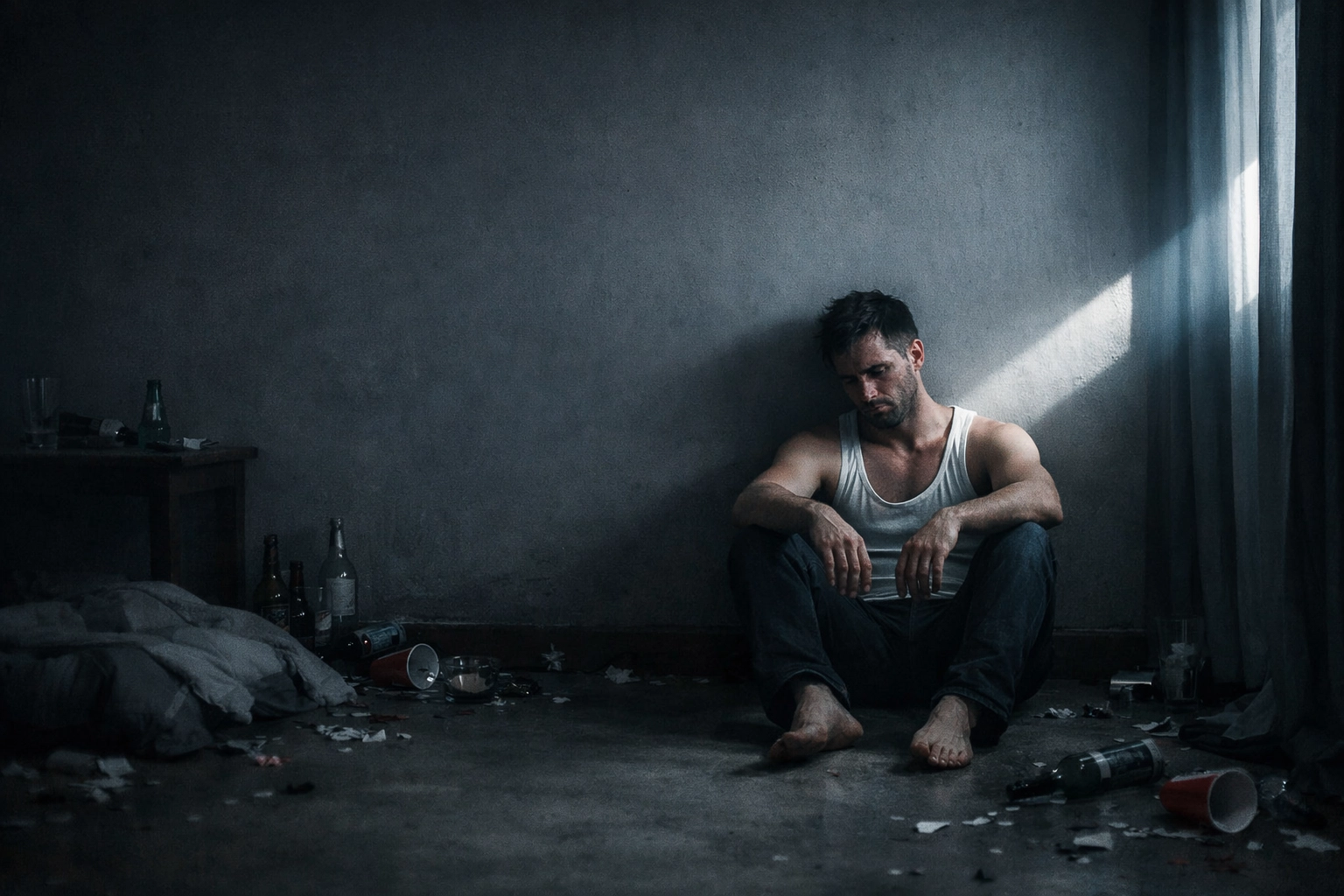 An exhausted gay man sitting alone in a room during a morning comedown, reflecting the reality of chem-sex risks.