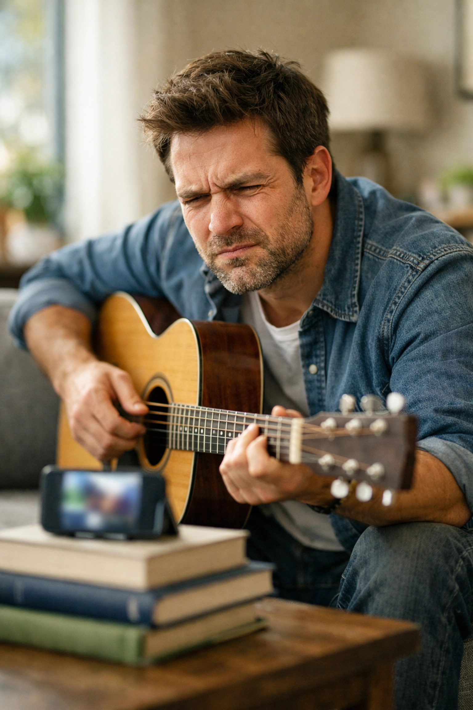 Adult guitar student frustrated with limited feedback while using a mobile guitar app.