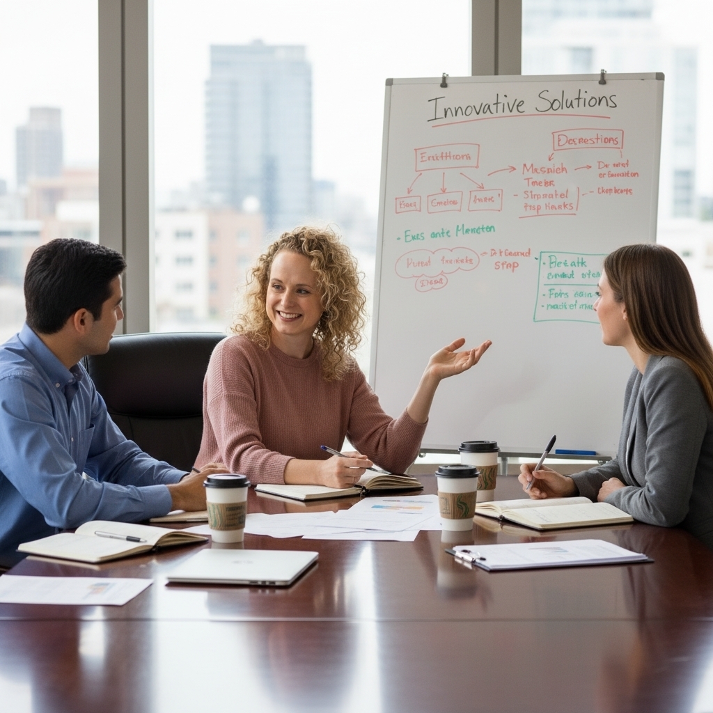 Three professionals in a boardroom discuss strategic solutions