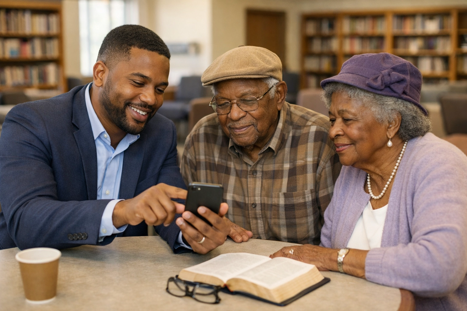 A young professional teaching elders about community wealth building digital tools in a church hall.