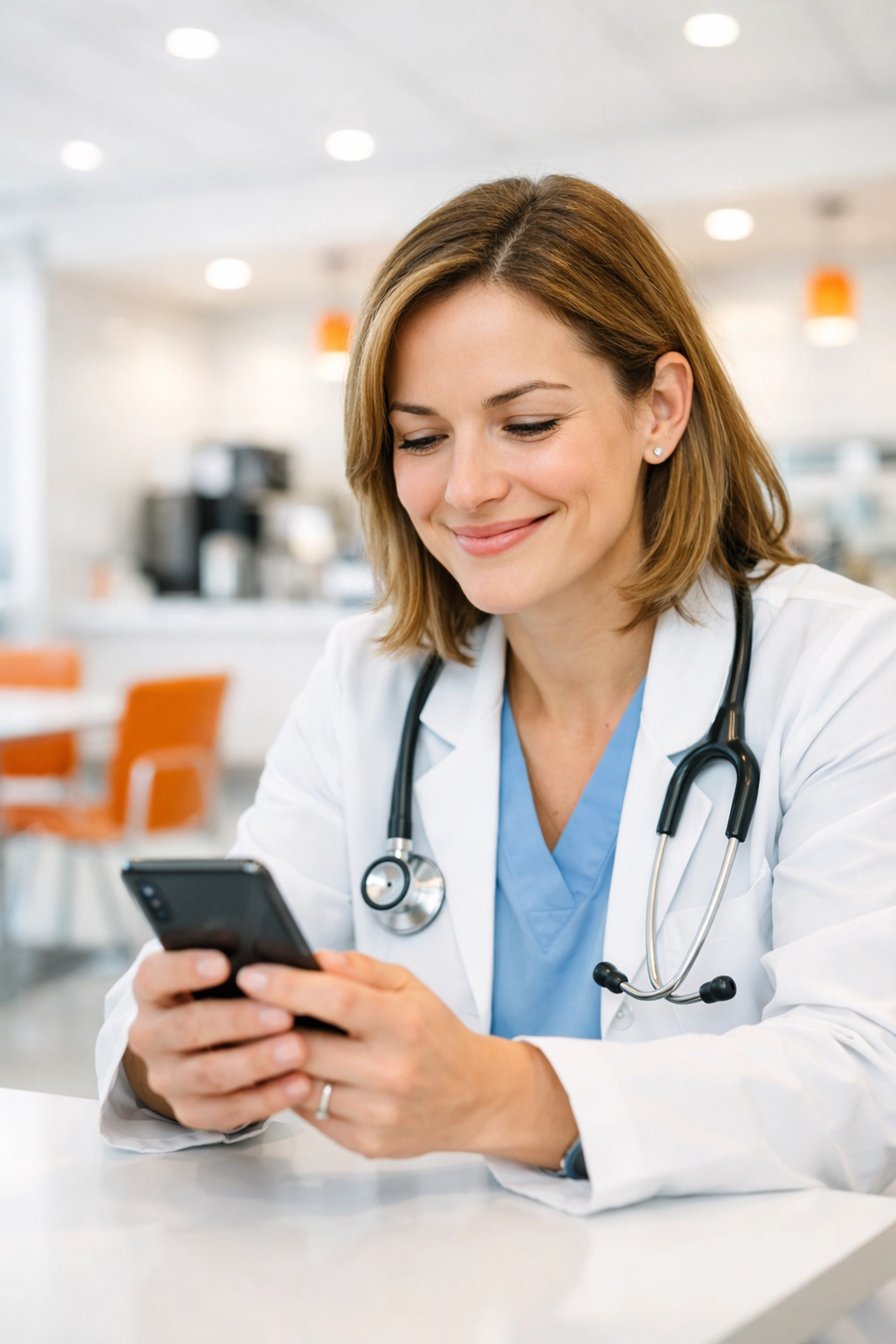 A relieved physician uses her smartphone to communicate with a top healthcare staffing agency about locums roles.