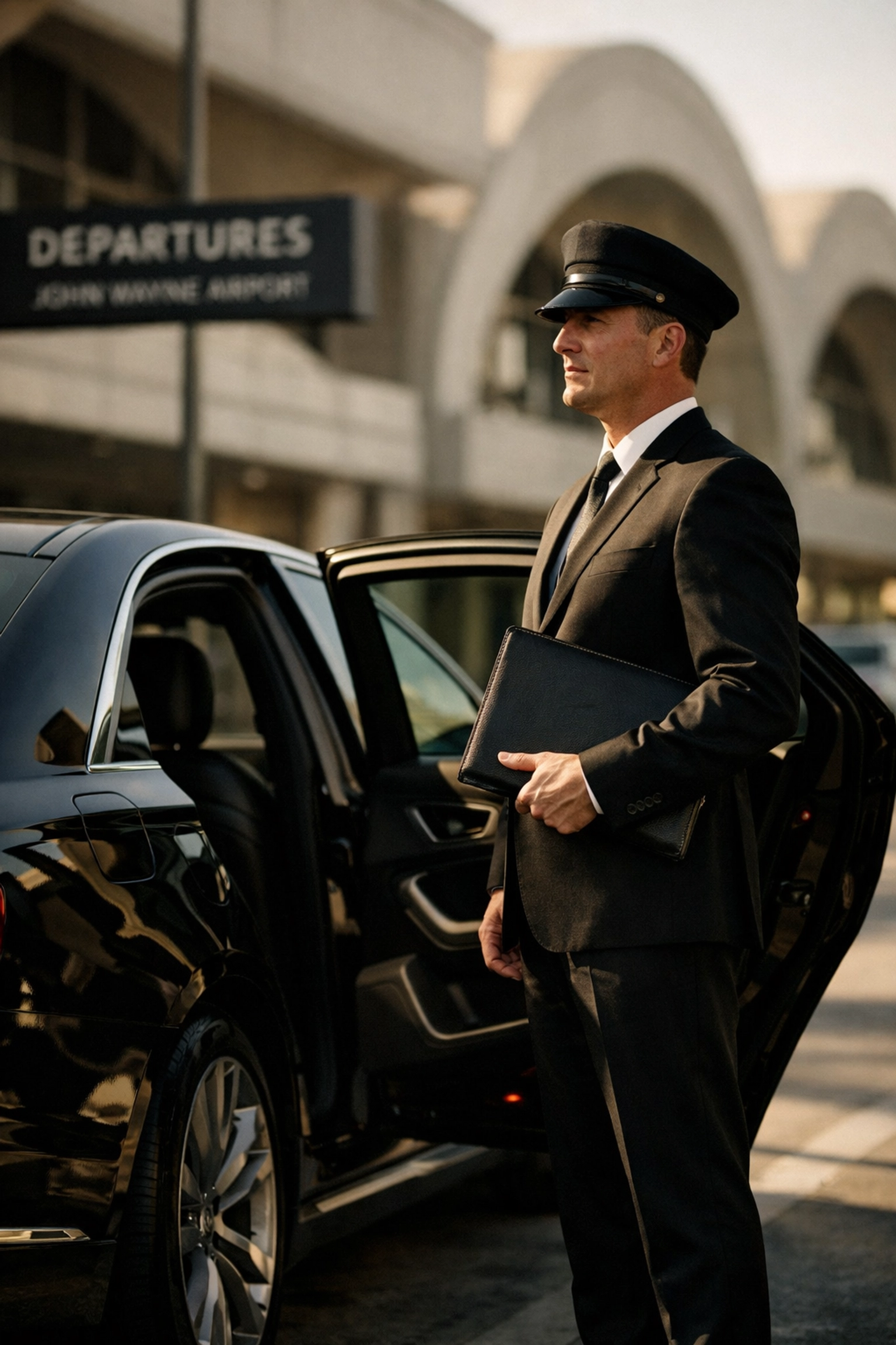 Mission Viejo Executive Car Service & Airport Transportation 3 Professional chauffeur with luxury sedan at John Wayne Airport for Mission Viejo service