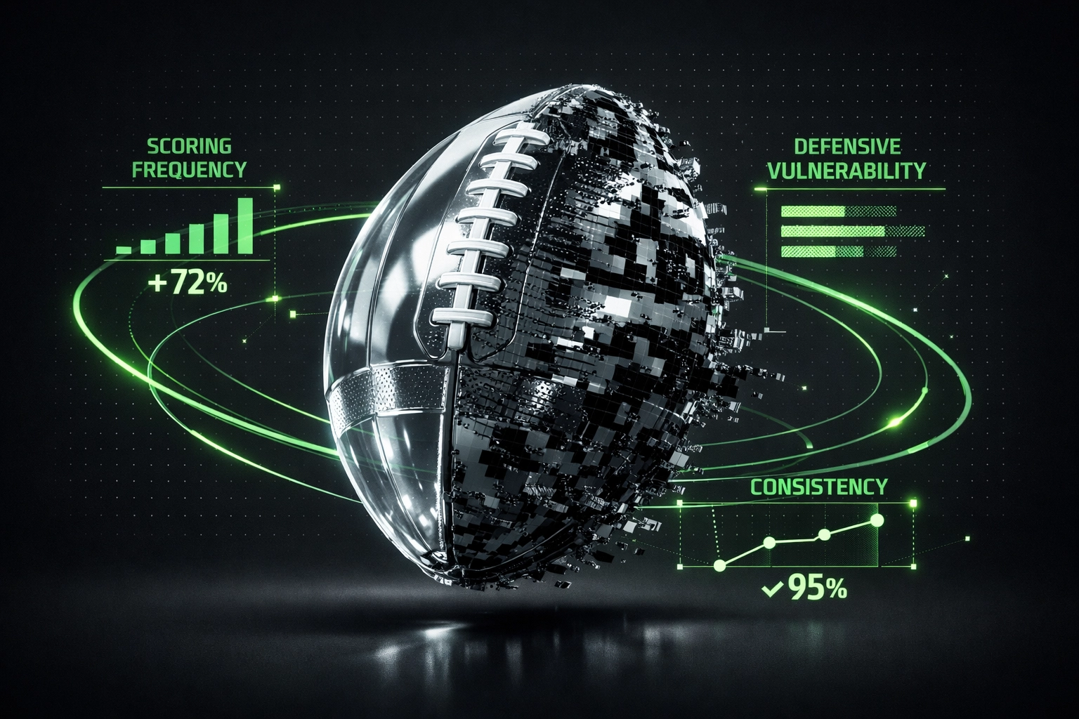 Digital football with scoring frequency and defensive vulnerability metrics for BTTS analysis.