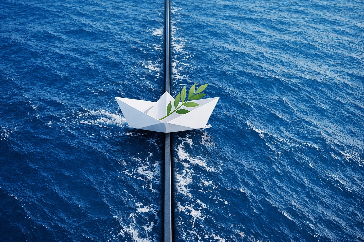 A symbolic paper boat carrying an olive branch crosses a dark ocean barrier, representing peace and mercy.