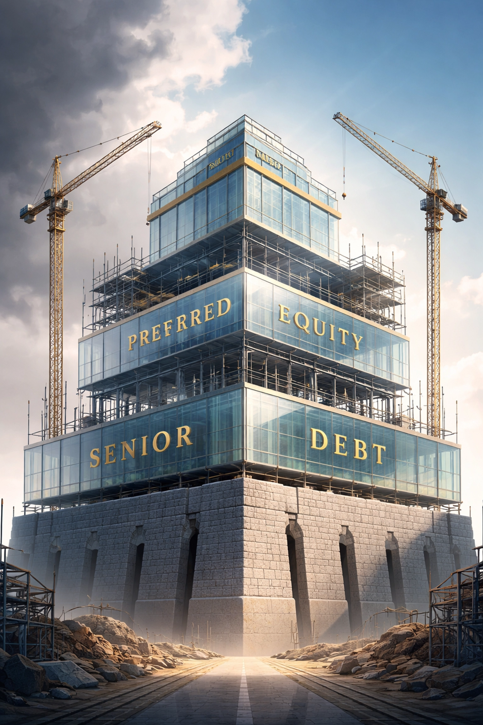 Financial fortress under construction showing investment tiers, representing structured risk management and portfolio growth.