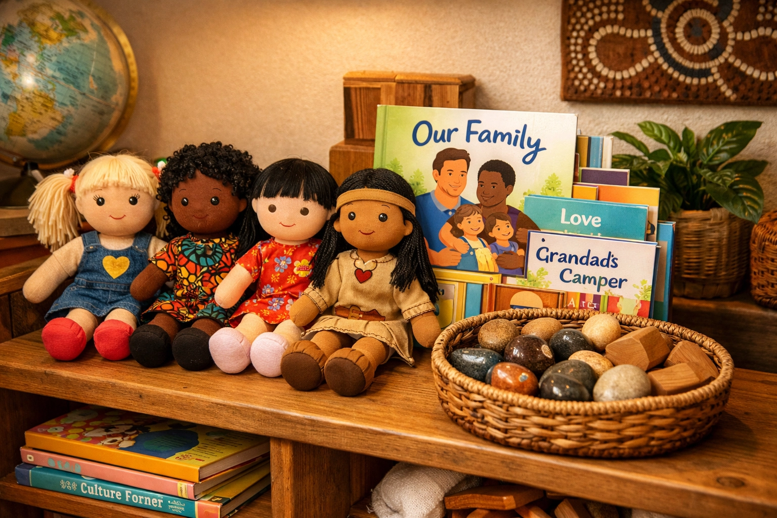 Multicultural toys and books in the culture corner of a Liverpool early learning centre