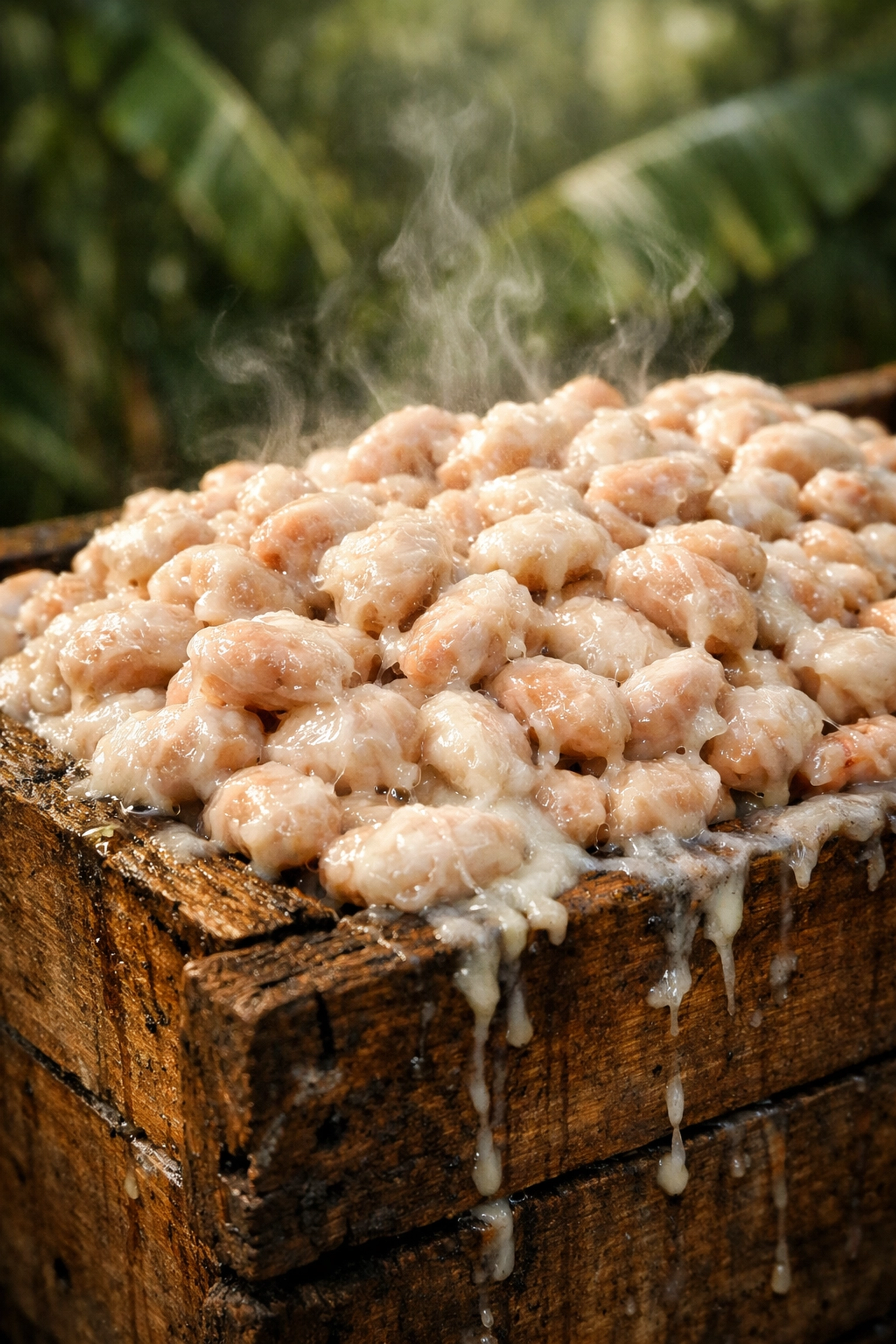 Raw cacao beans fermenting in a wooden box to develop flavor precursors for chocolate production.