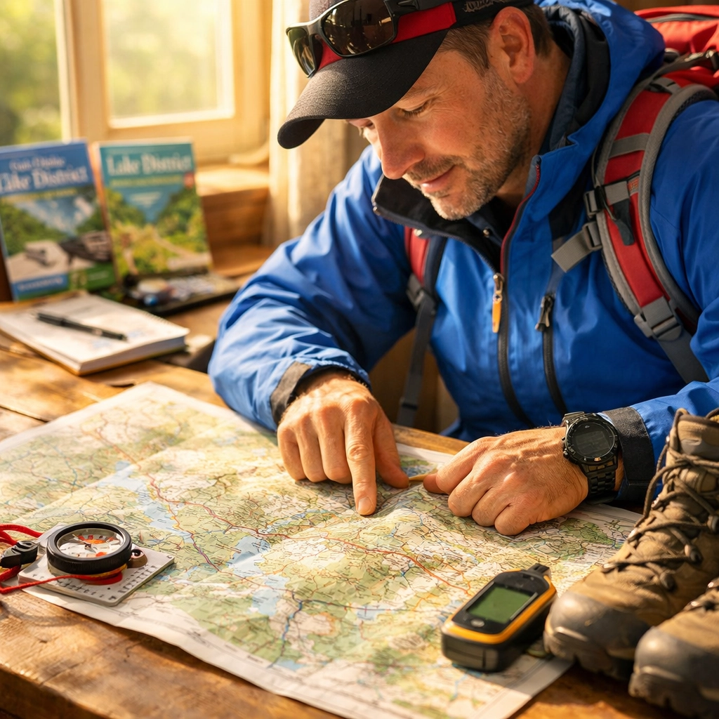 Hiking guide planning route with topographic map and navigation tools for guided walking tour
