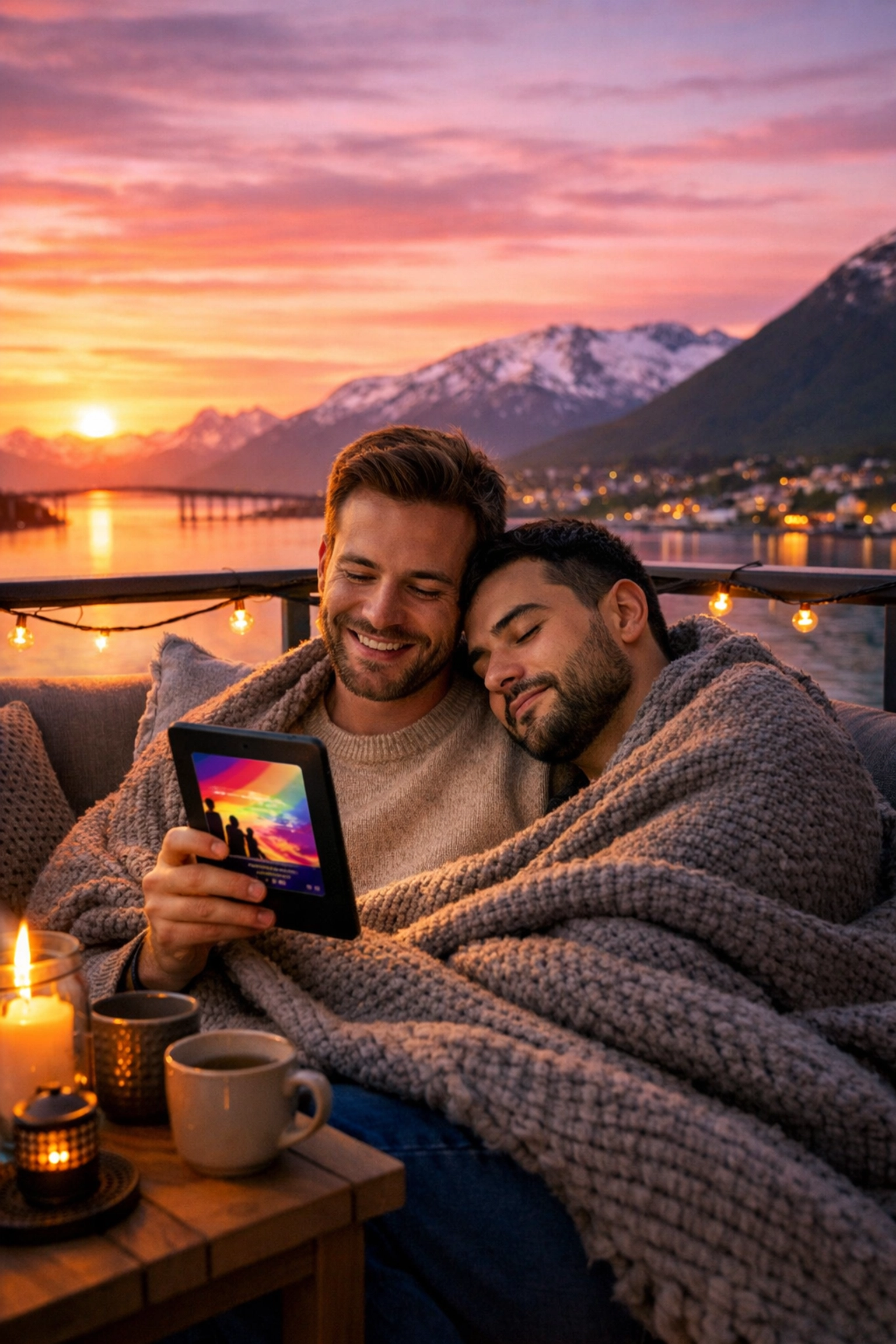 A gay couple reading an MM romance ebook under the midnight sun on a balcony in Tromsø, Norway.