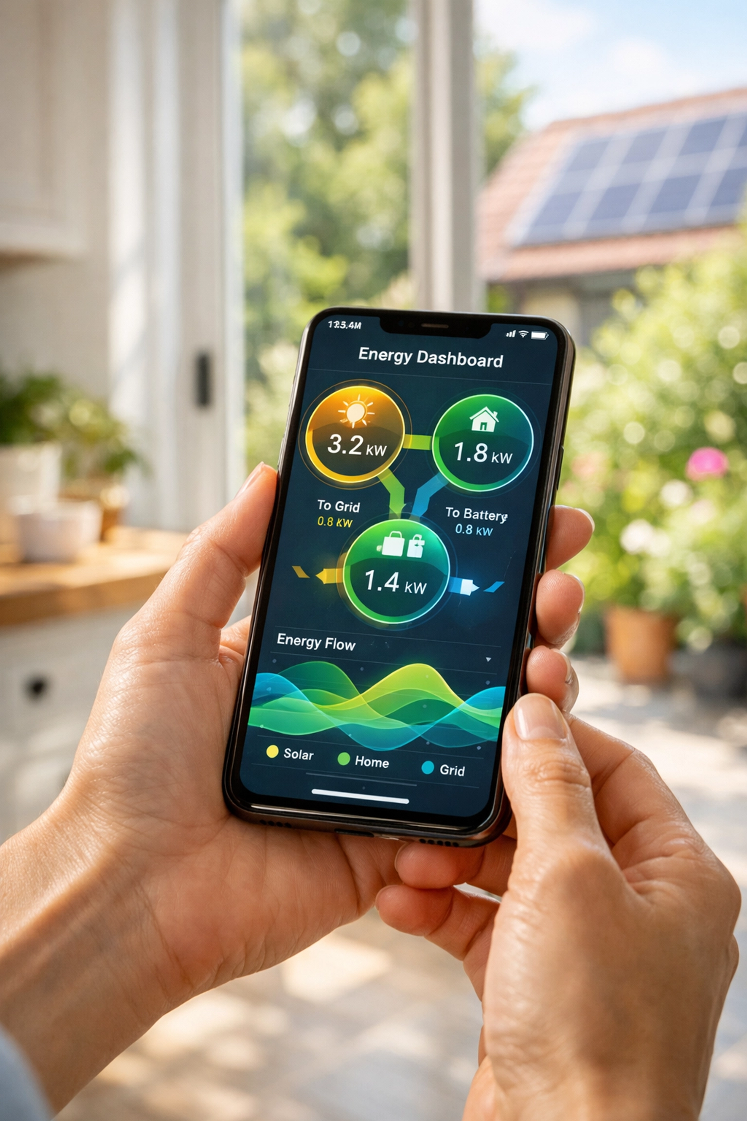 Homeowner using an energy management app to monitor solar panel performance and smart tariffs in a Poole kitchen.
