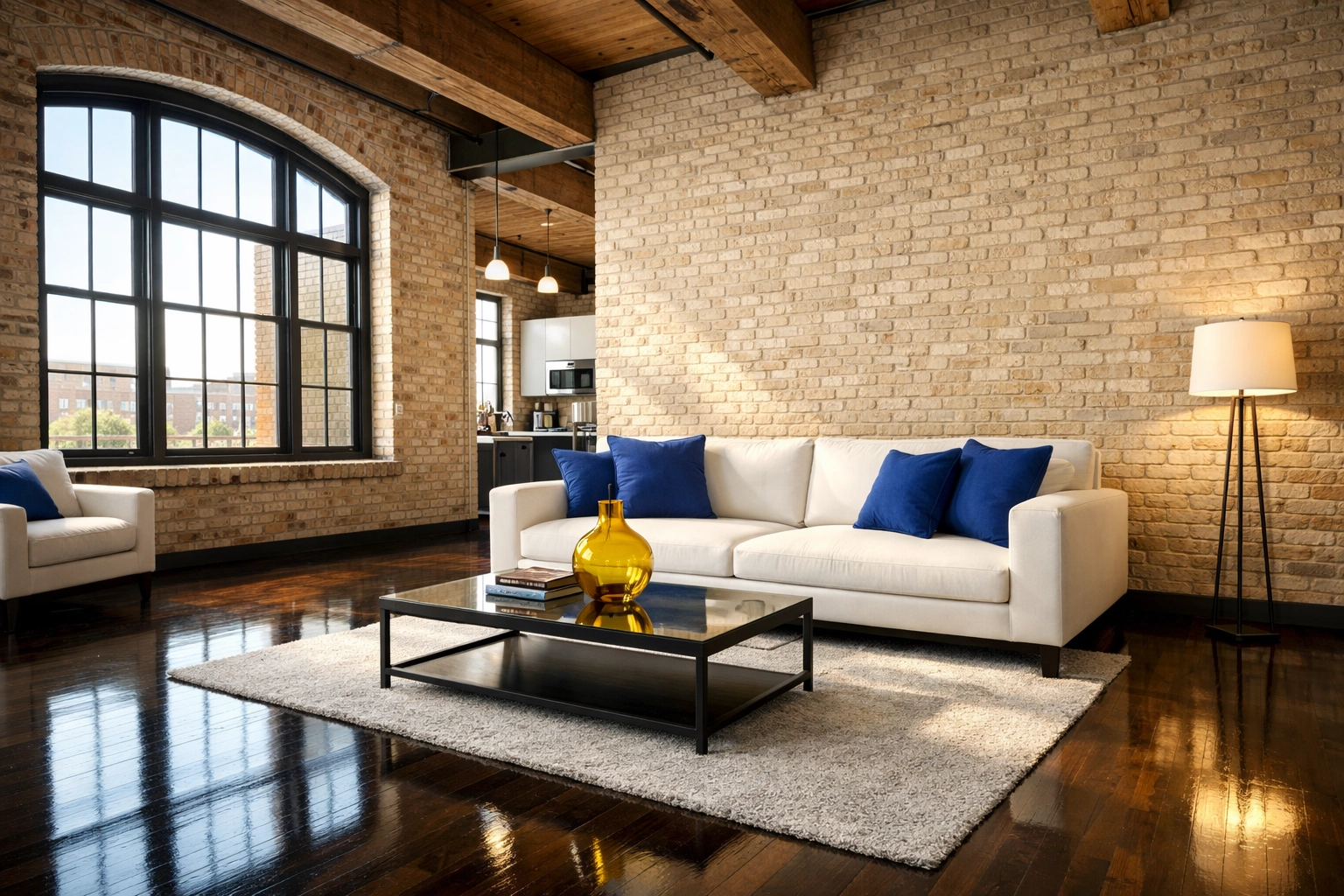 A spotless, sunlit luxury living room in a Lowell loft after a professional deep cleaning Lowell service.