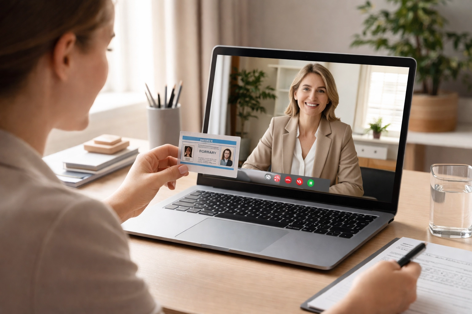 Person verifying ID during a remote online notarization video call in a well-lit Texas home office