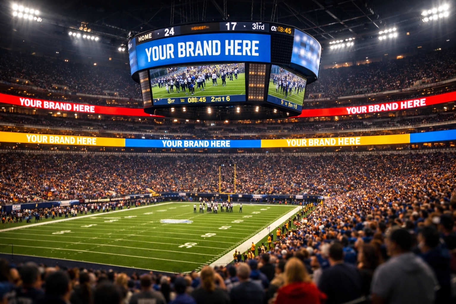 A packed sports stadium at night showing bright LED boards for brand placement and implied sponsorship.