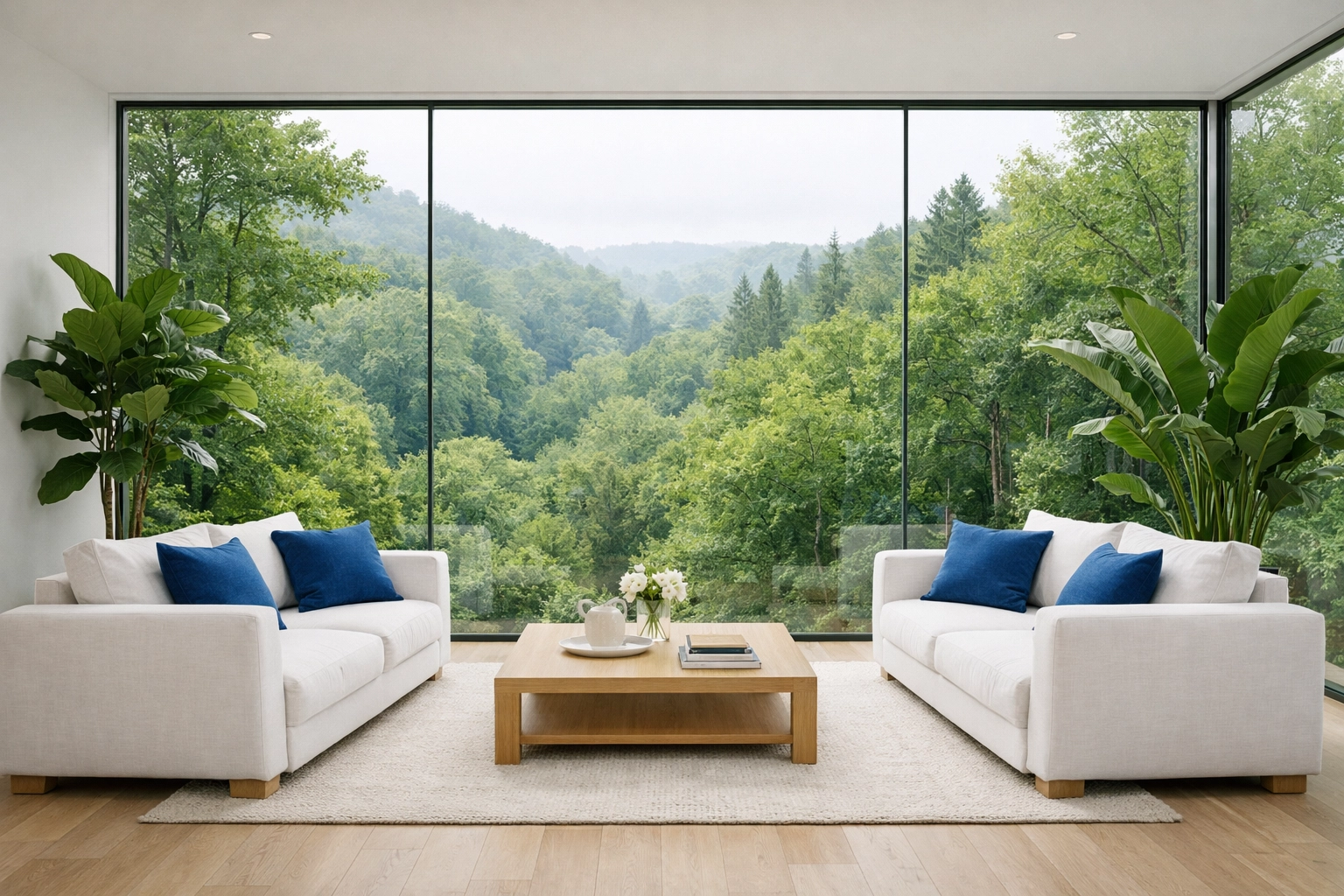 Clean and eco-friendly luxury living room in Dover with glass walls overlooking a private forest.