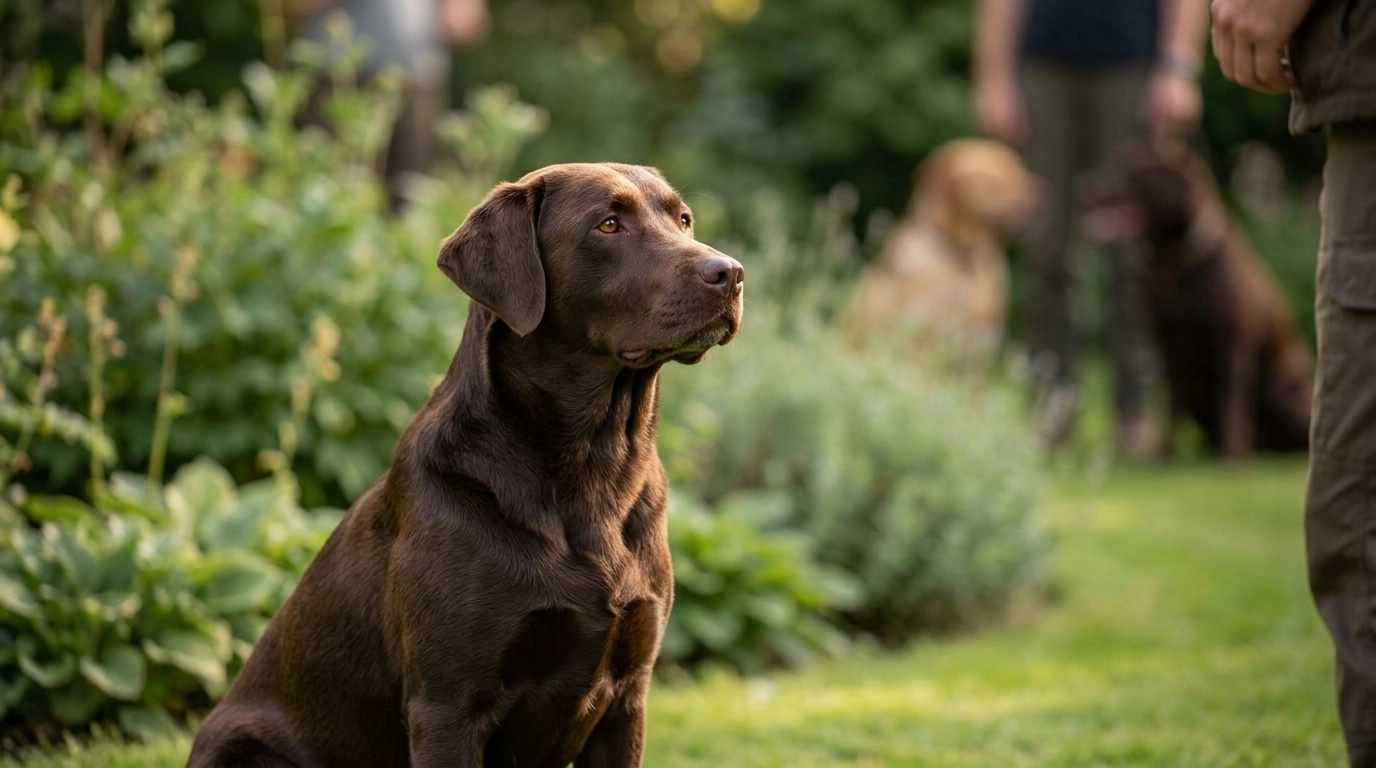 A friendly Labrador sitting attentively in a softly lit garden during a training session.