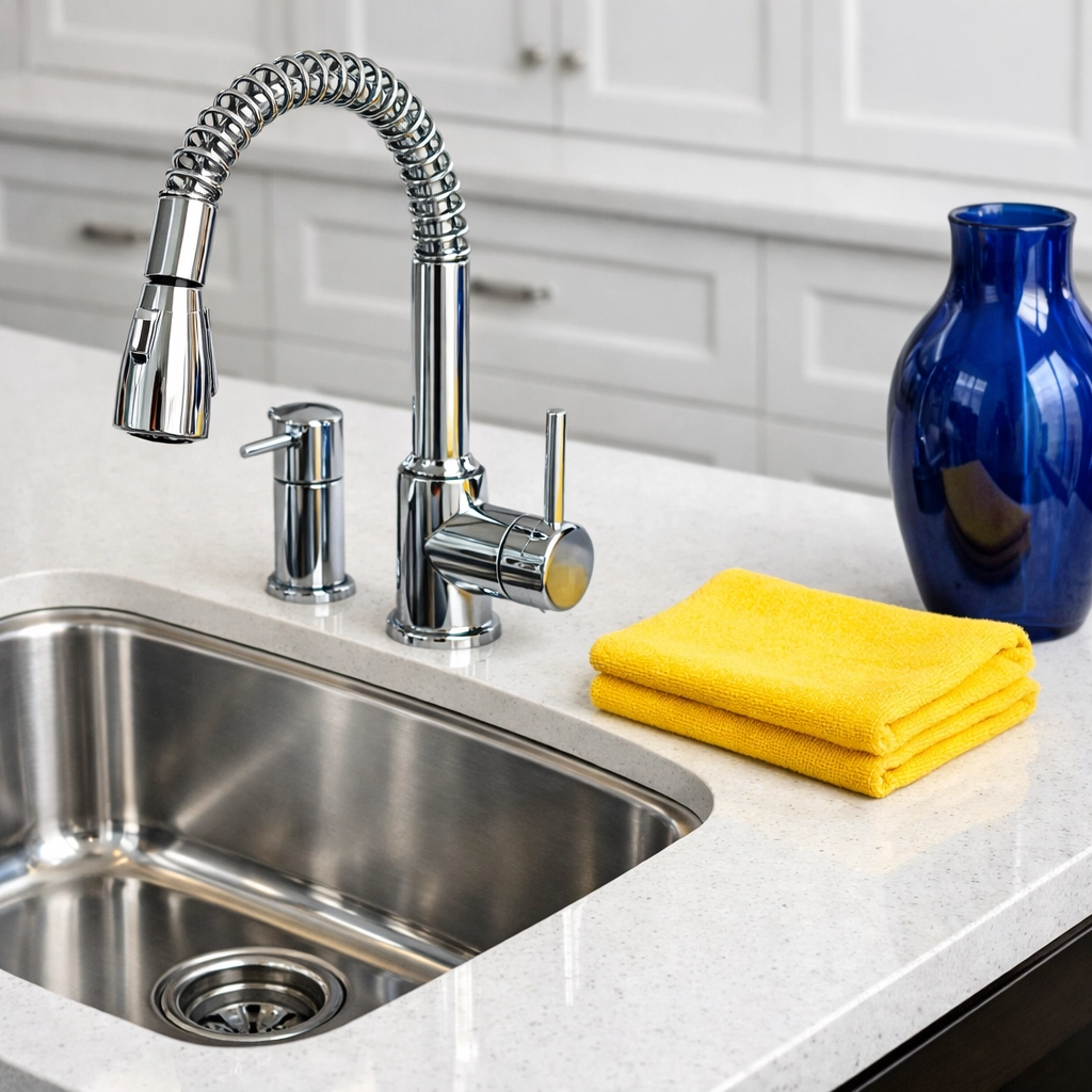 Sparkling stainless steel sink and stone countertop from residential cleaning Massachusetts services.