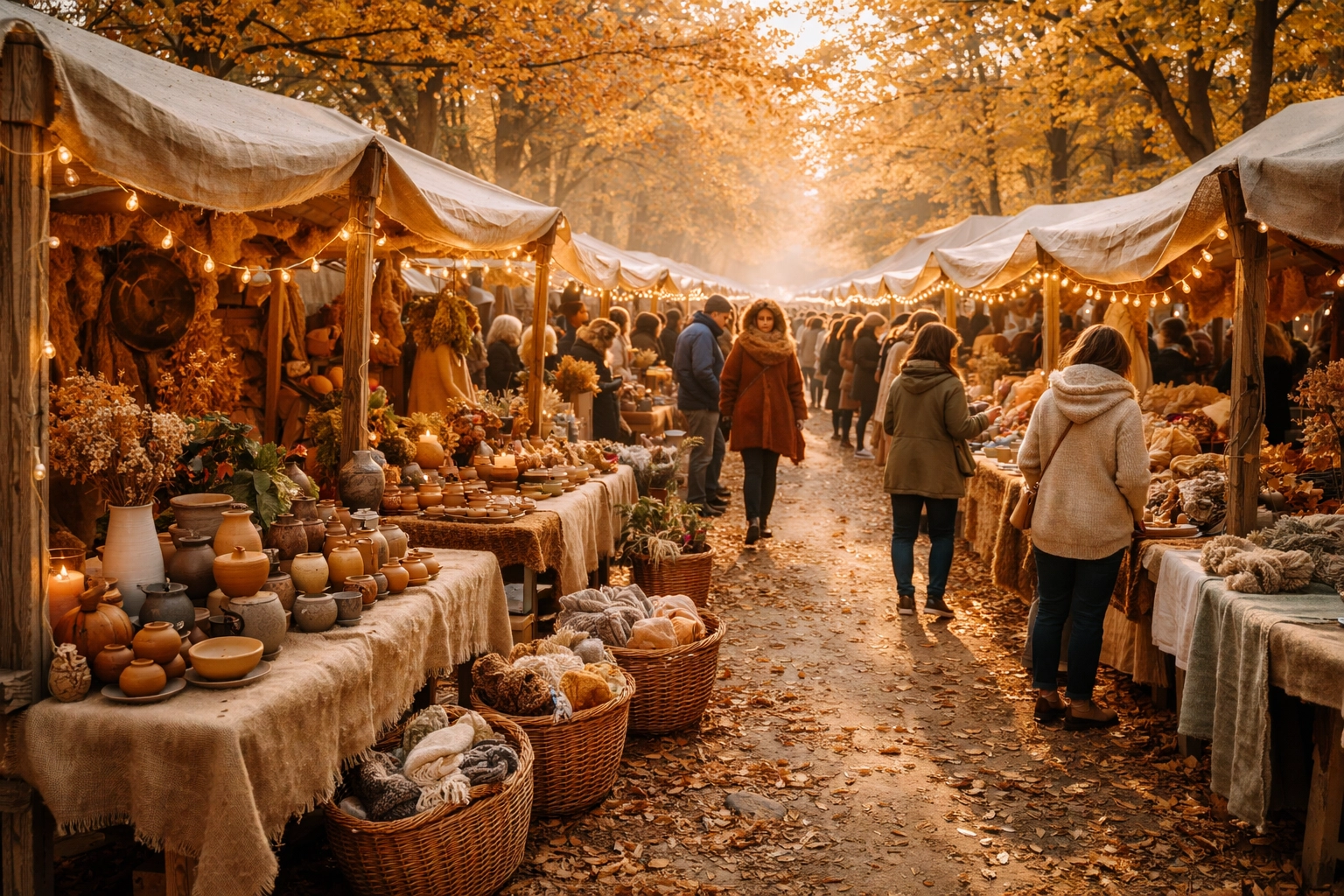 Shoppers browse artisan booths at a lively outdoor craft fair, discovering handmade gifts and décor.