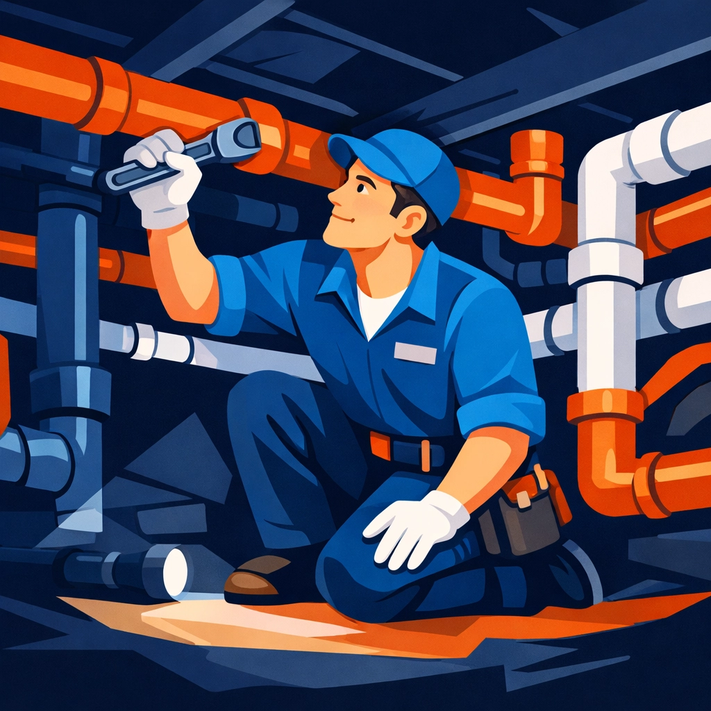 A professional plumber navigating a tight crawlspace to perform a manual pipe repair.