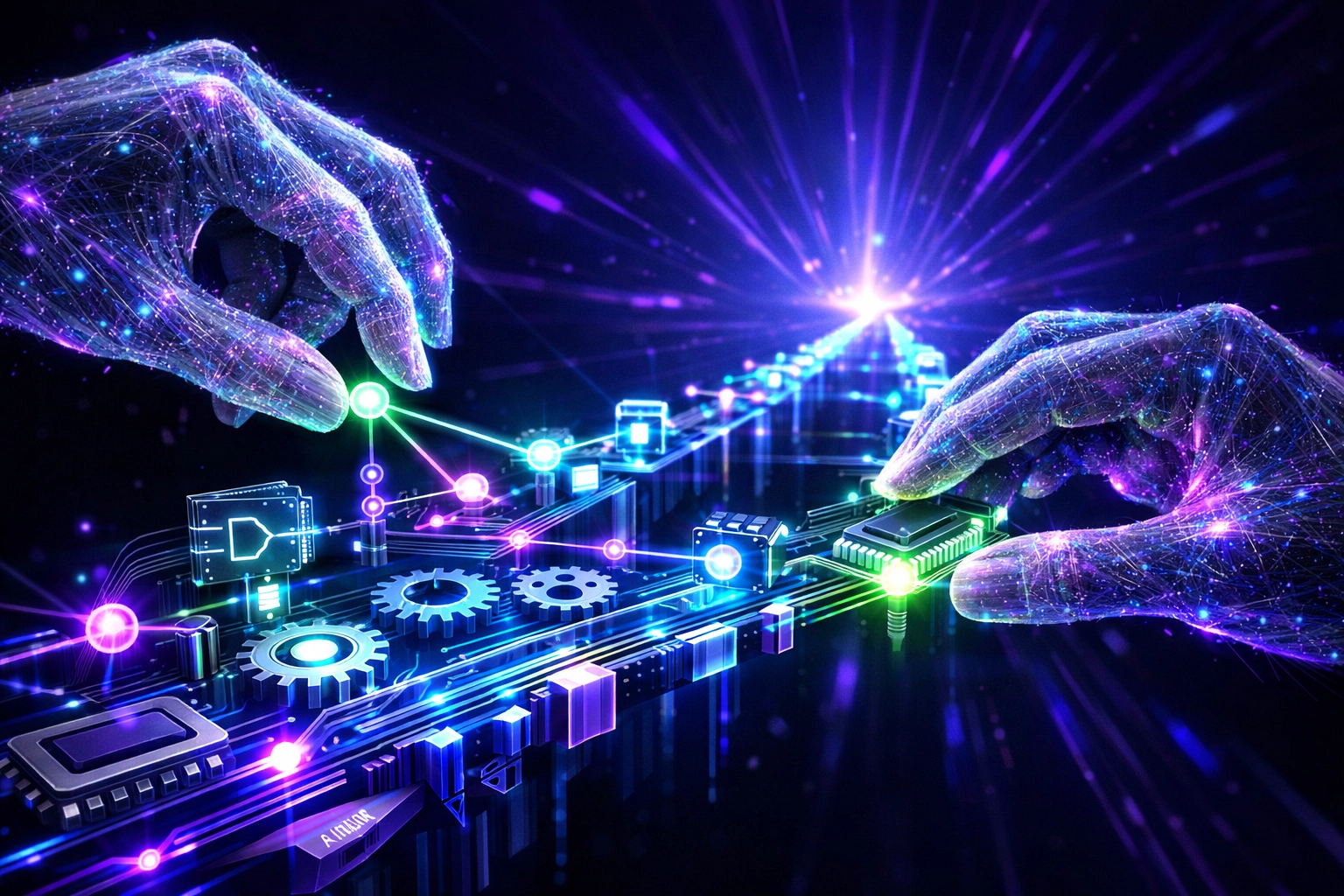 Hands building a neon digital bridge representing intelligent automation solutions to close the career gap.