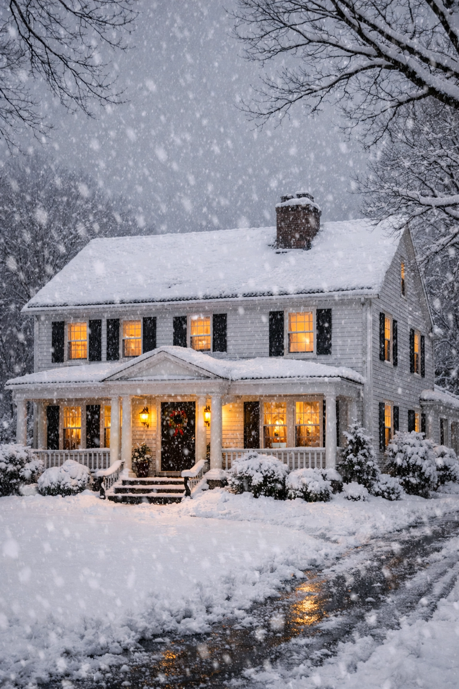 Connecticut colonial home in winter storm showing need for comprehensive home insurance