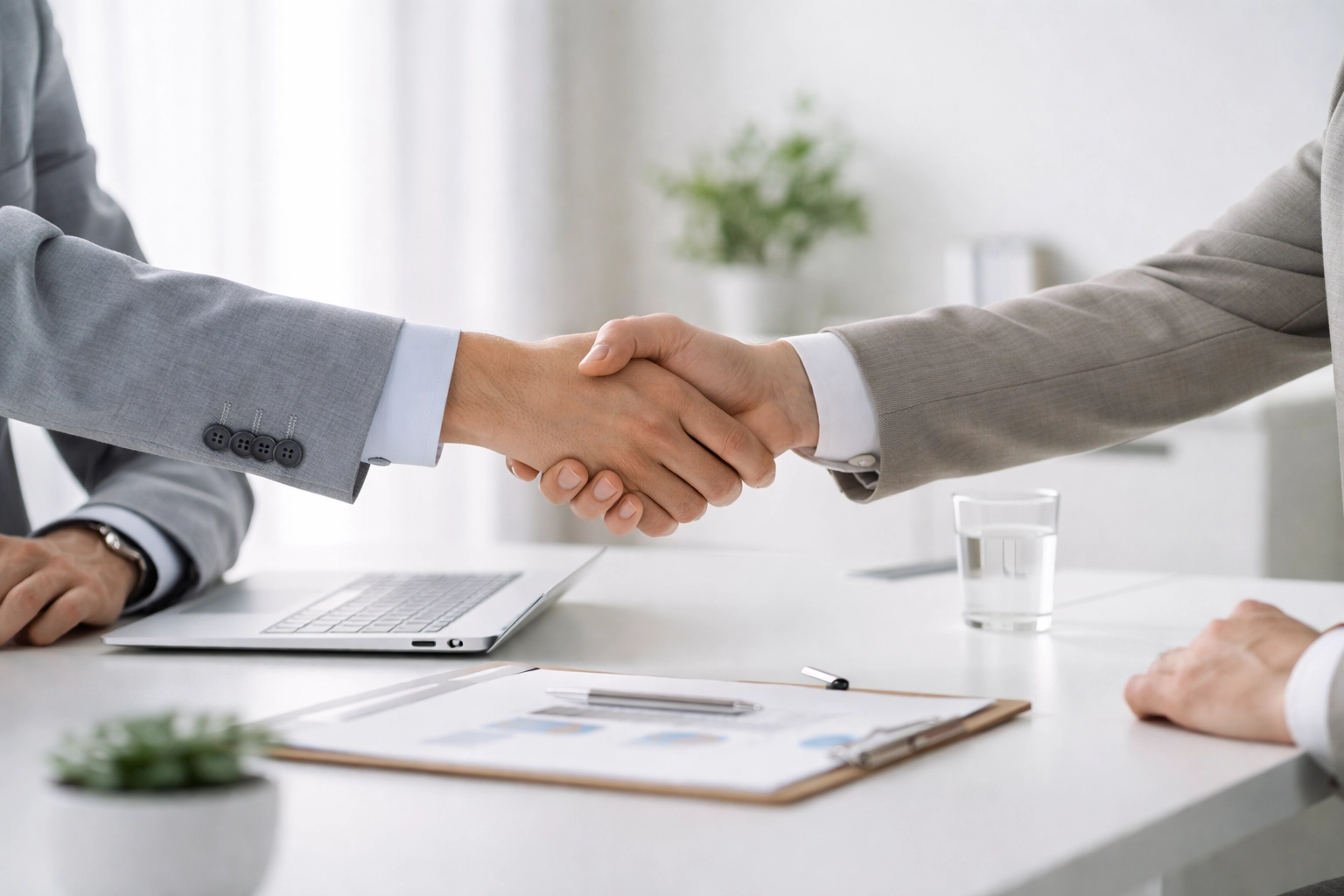 Two business professionals shaking hands, representing partnership benefits of ERO services