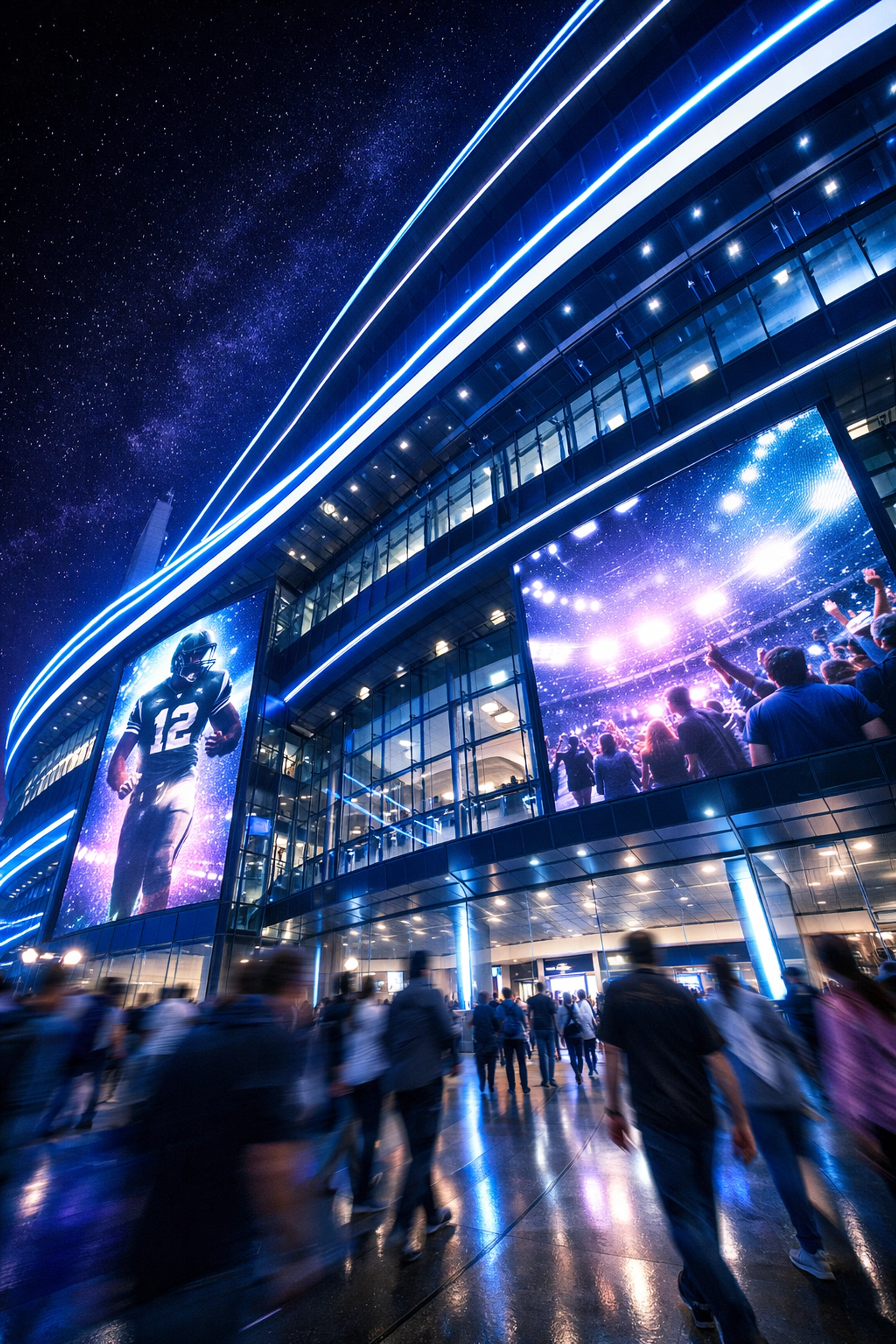 Futuristic sports complex with integrated digital displays showing the evolution of sports marketing.