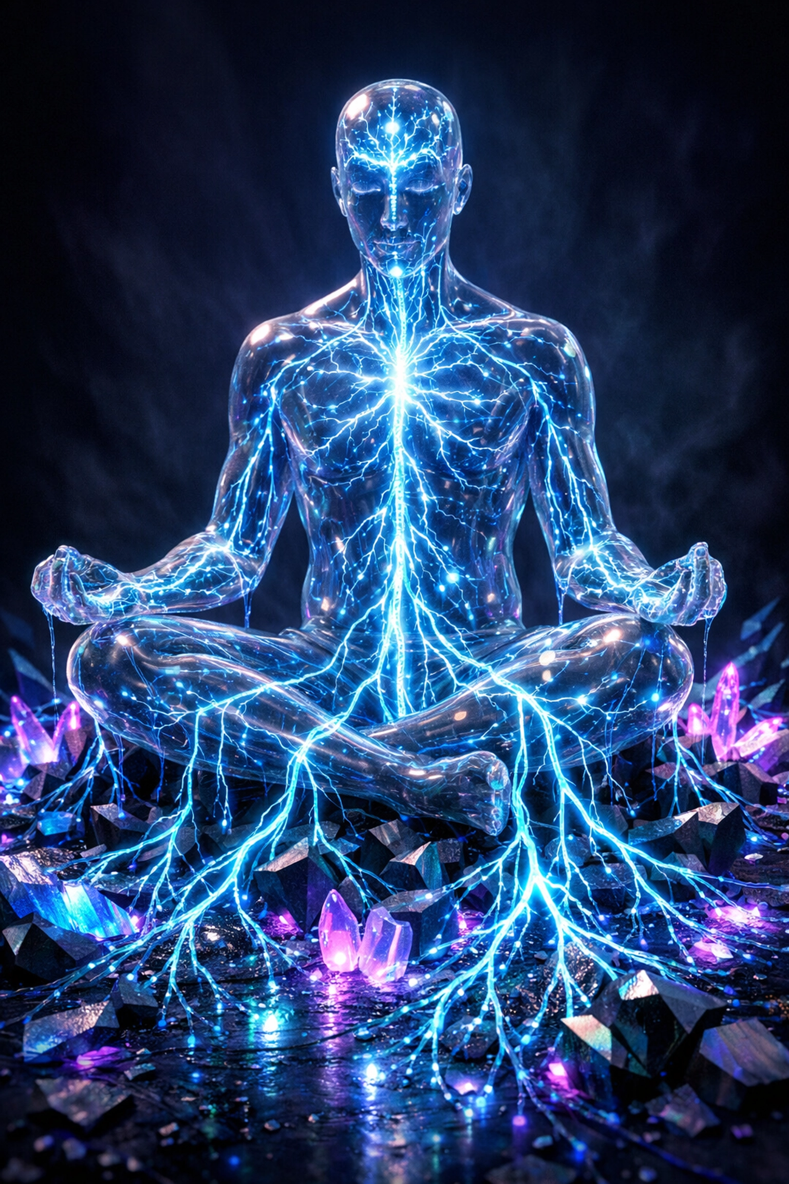 Meditating figure with glowing neural pathways grounding into the earth to support a regulated nervous system.