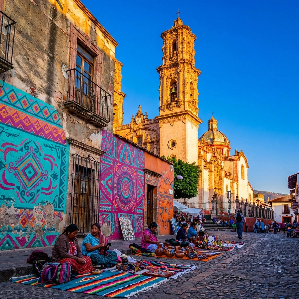 Iglesia de Nuestra Señora de Guadalupe and colorful street art surrounded by local artisan crafts in Puerto Vallarta.