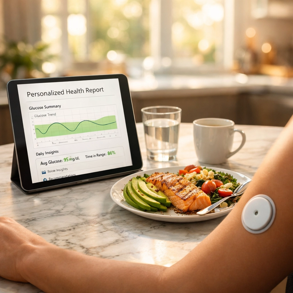 A person using a Continuous Glucose Monitor patch for data-driven personalized wellness and metabolic health tracking.