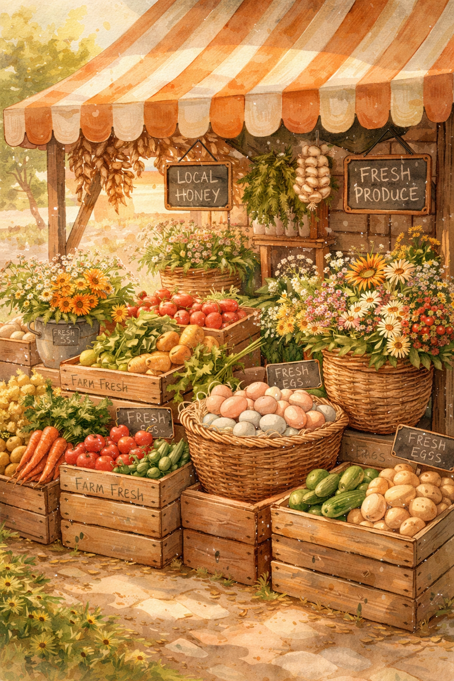 Farmers market stall displaying local eggs and fresh produce, perfect for finding farm fresh eggs nearby.