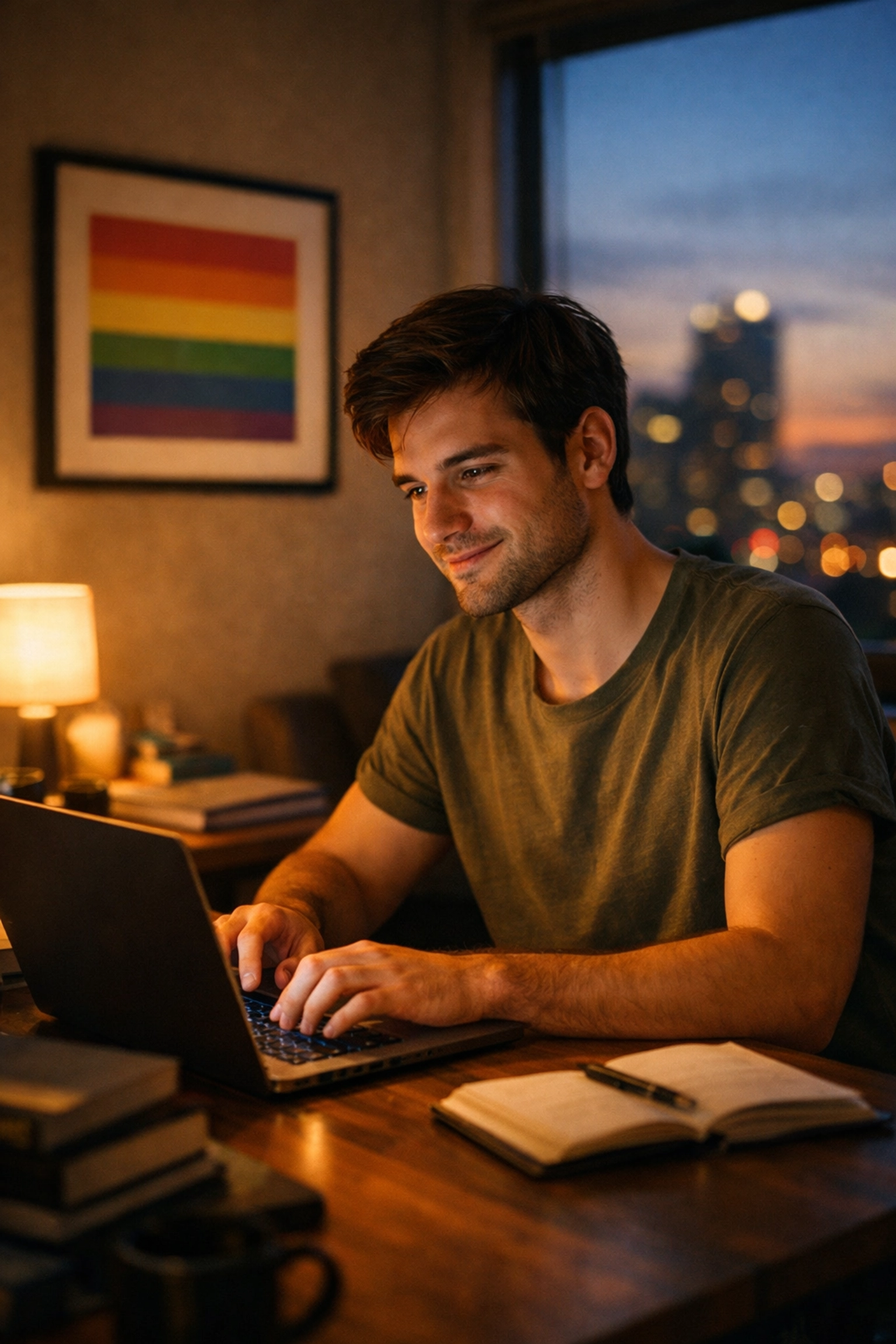 A gay author writing queer fiction on a laptop, preparing to publish his first MM romance books.
