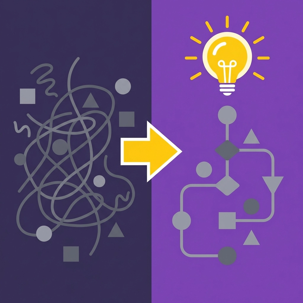 Illustration eines Prozesses von Chaos zu Klarheit als Symbol für effiziente KI-Implementierung in Unternehmen