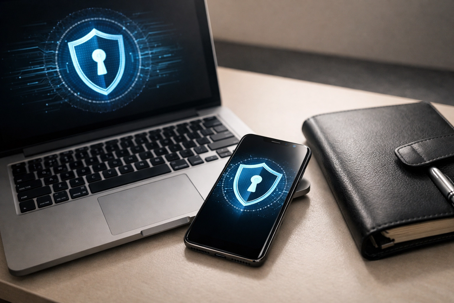 Secure tax office desk with digital devices representing cybersecurity compliance and data protection for EROs.