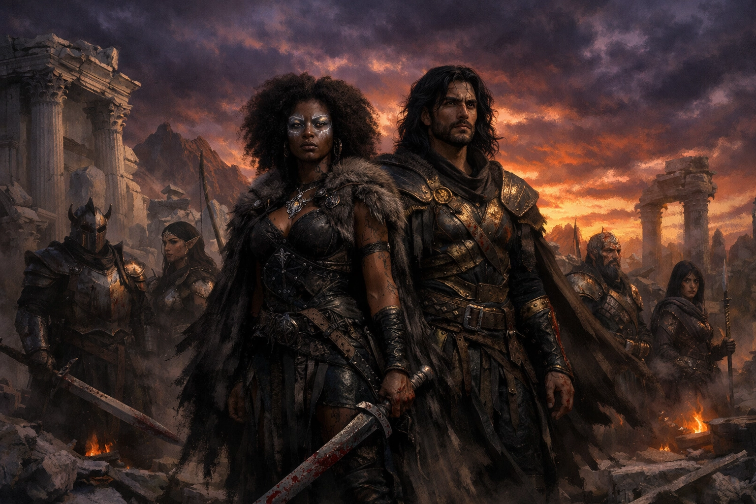 Diverse warriors in magical ruins at sunset, illustrating the sacrifice in a dark fantasy romance story.