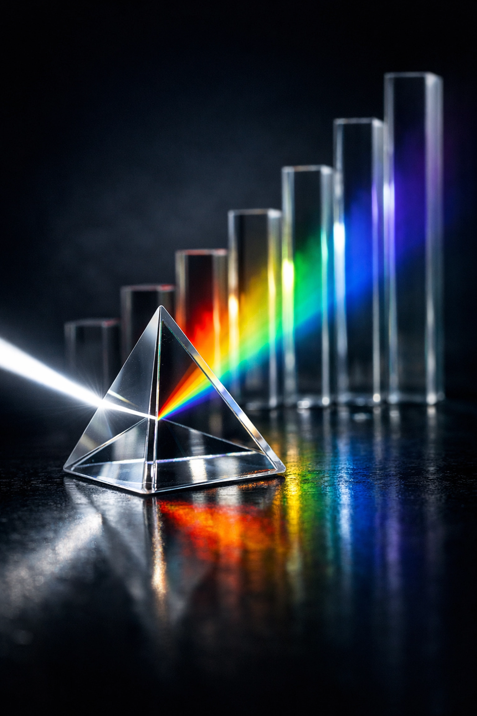 A glass prism refracting light into data pillars, illustrating how to measure SEO growth and analytics success.