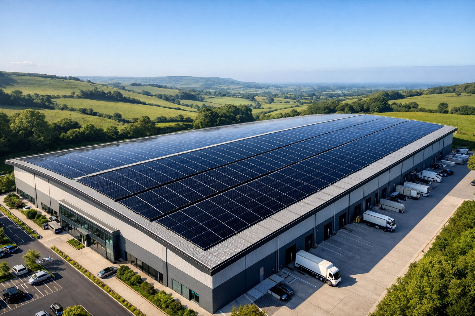 Large-scale business solar power installation on a modern warehouse roof in Dorset.
