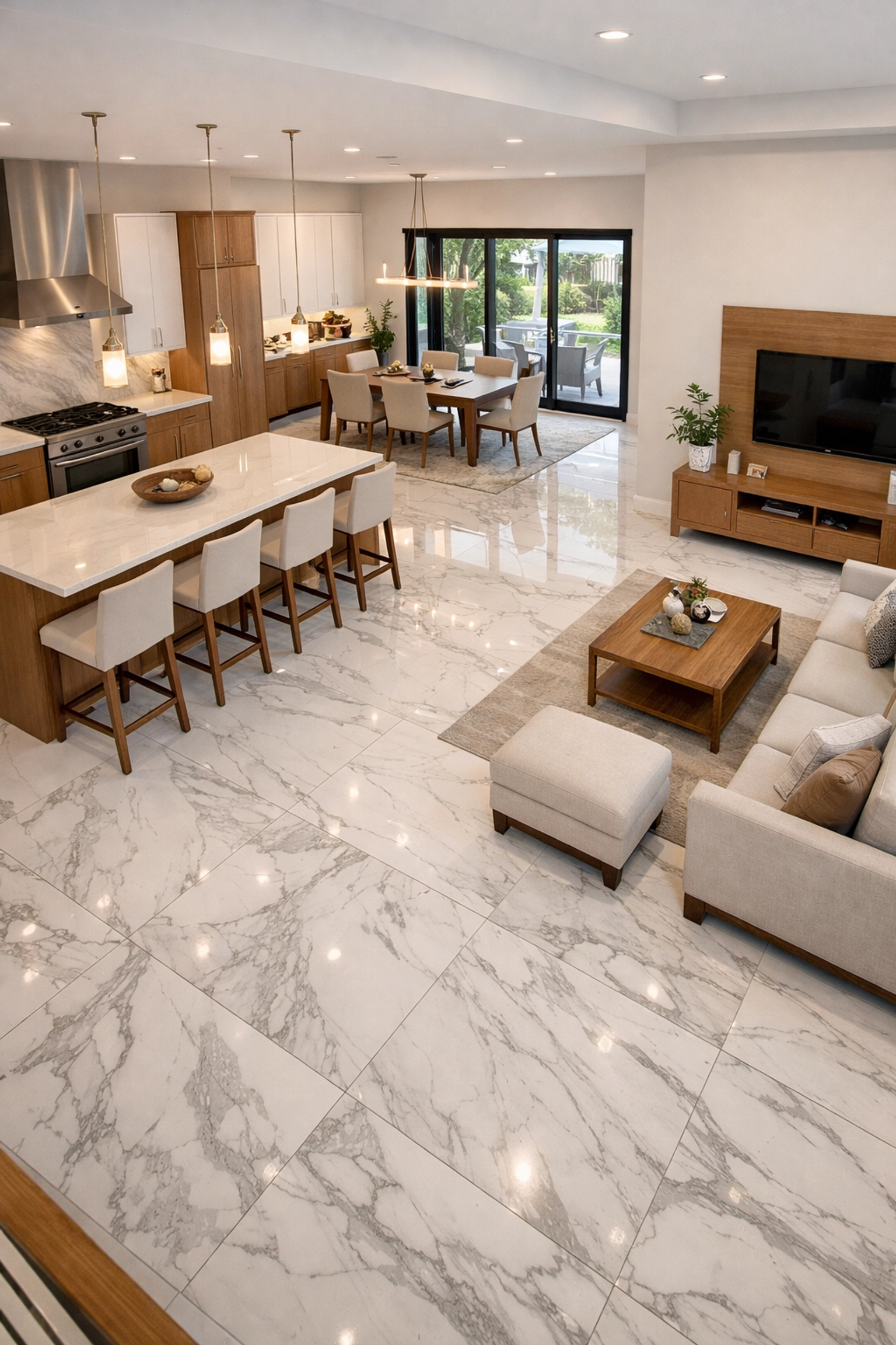 Marble-look porcelain tile in open-concept Orlando home with kitchen and living area