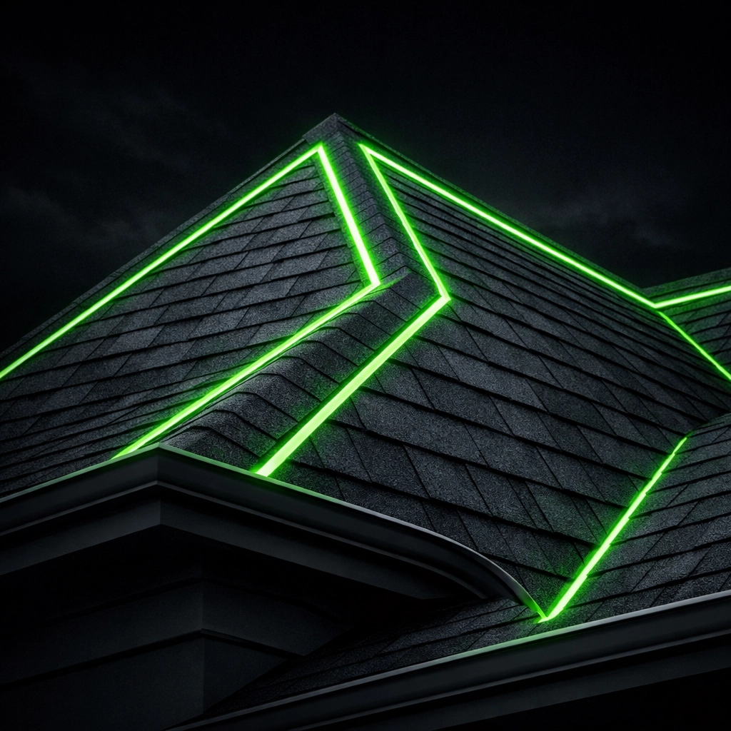 Detailed asphalt shingle roof peak for a Miller County residential roofing directory listing.