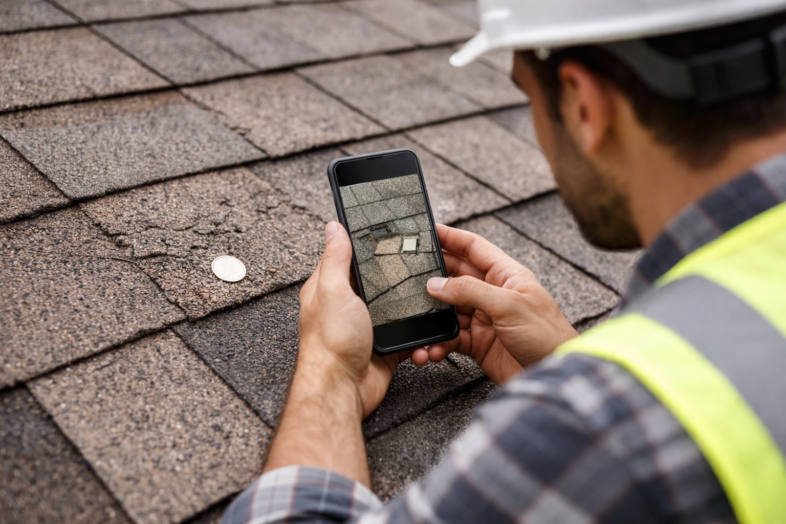 Roofing contractor documenting pre-existing roof damage with a smartphone and scale reference for accurate insurance claims.