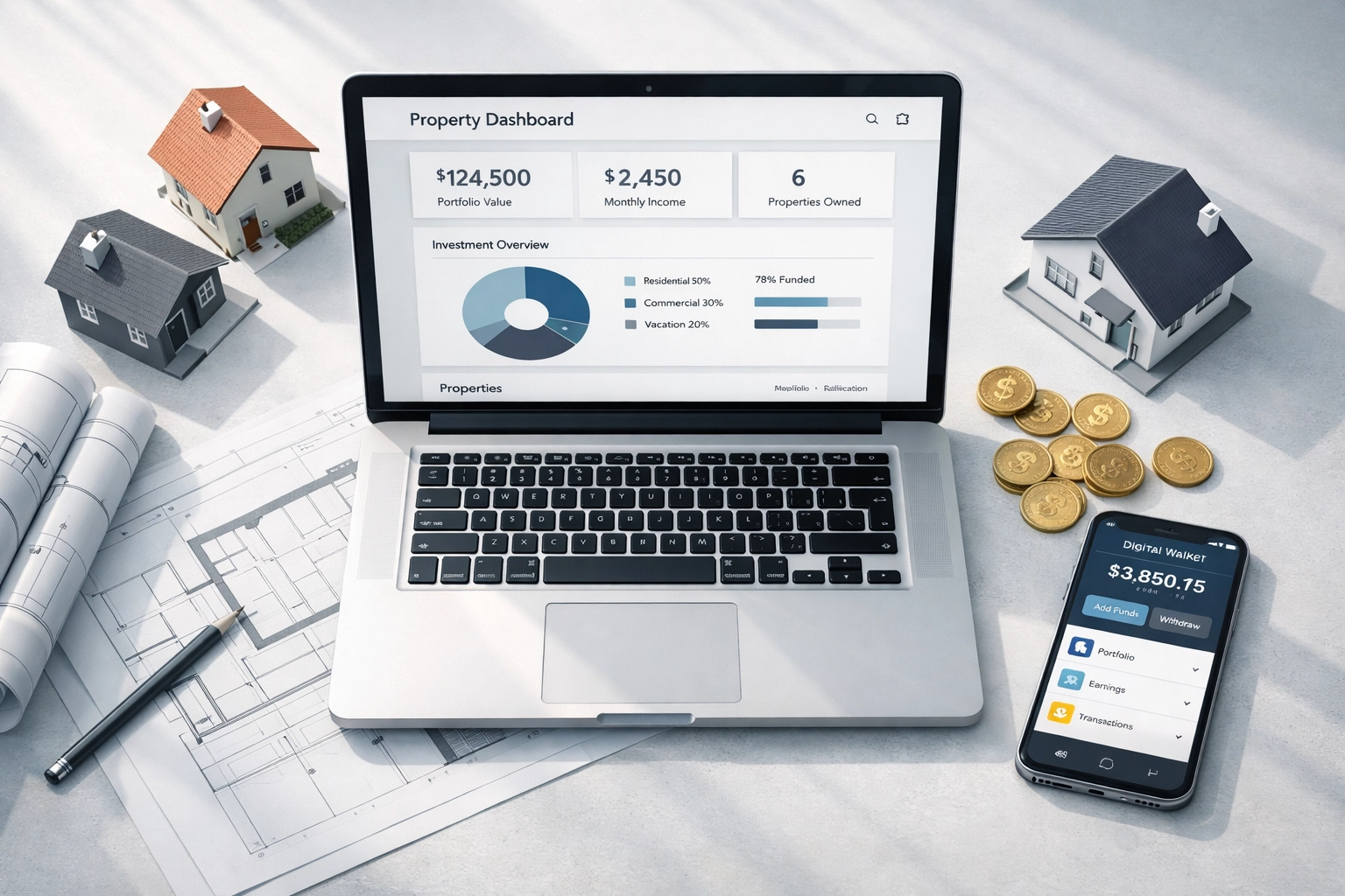 Tokenized Real-World Assets (RWA) Explained: A Beginner's Guide to Fractional Real Estate and Gold 2 Fractional real estate and gold investment workspace showing digital wallet and property tokens