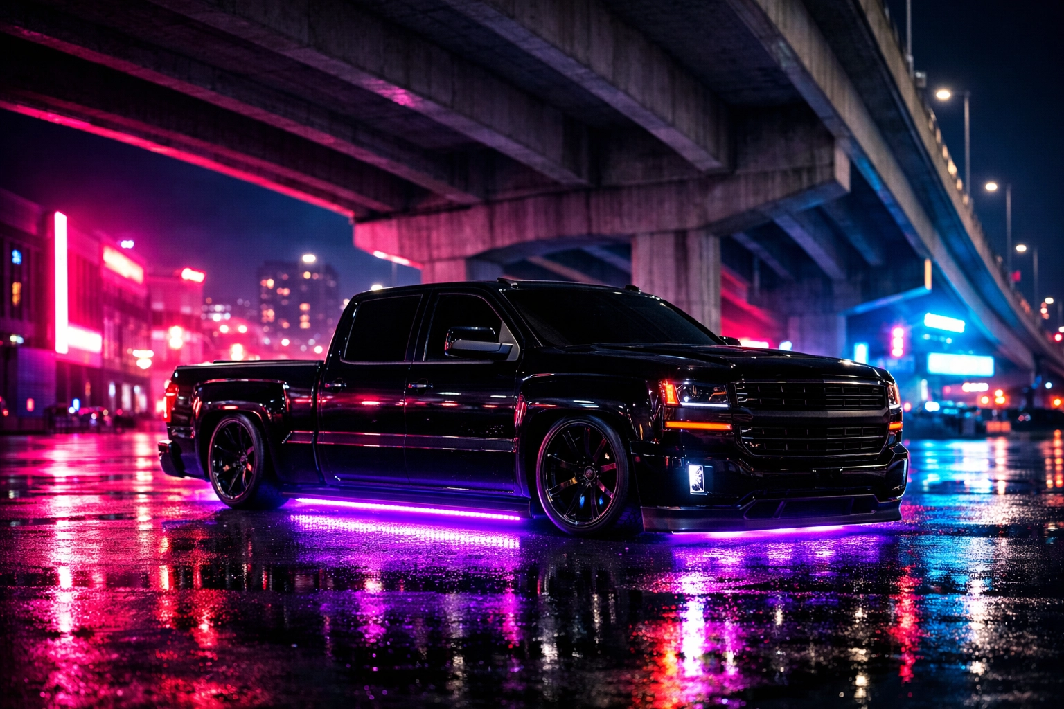 Custom truck featuring professional Chattanooga window tinting and LED underglow by Ultimate Sounds.