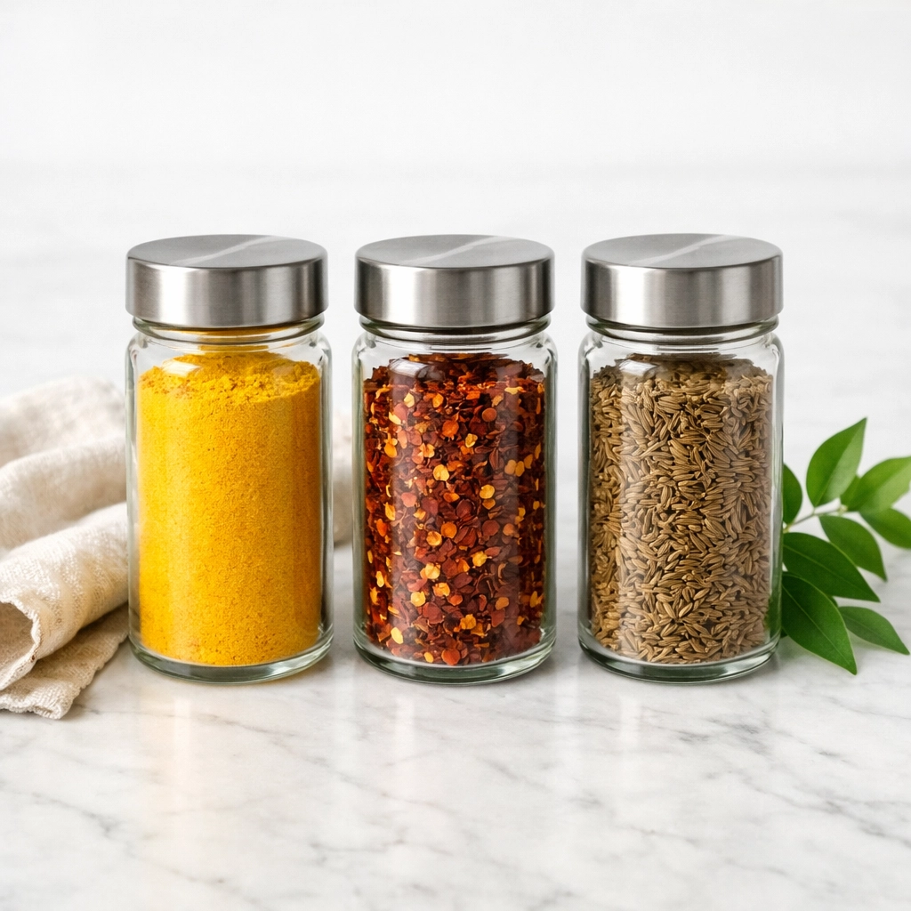 Premium glass spice jars on a marble counter for organized and fresh kitchen storage.