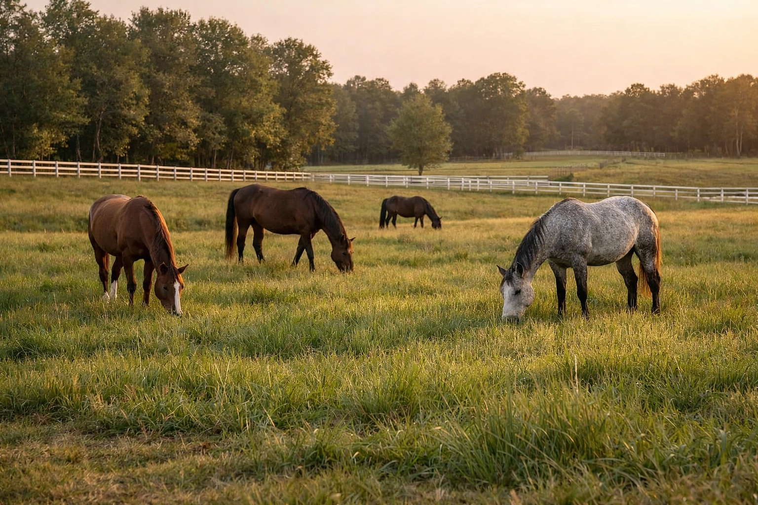 Horses grazing in rotational paddocks on North Carolina horse farm