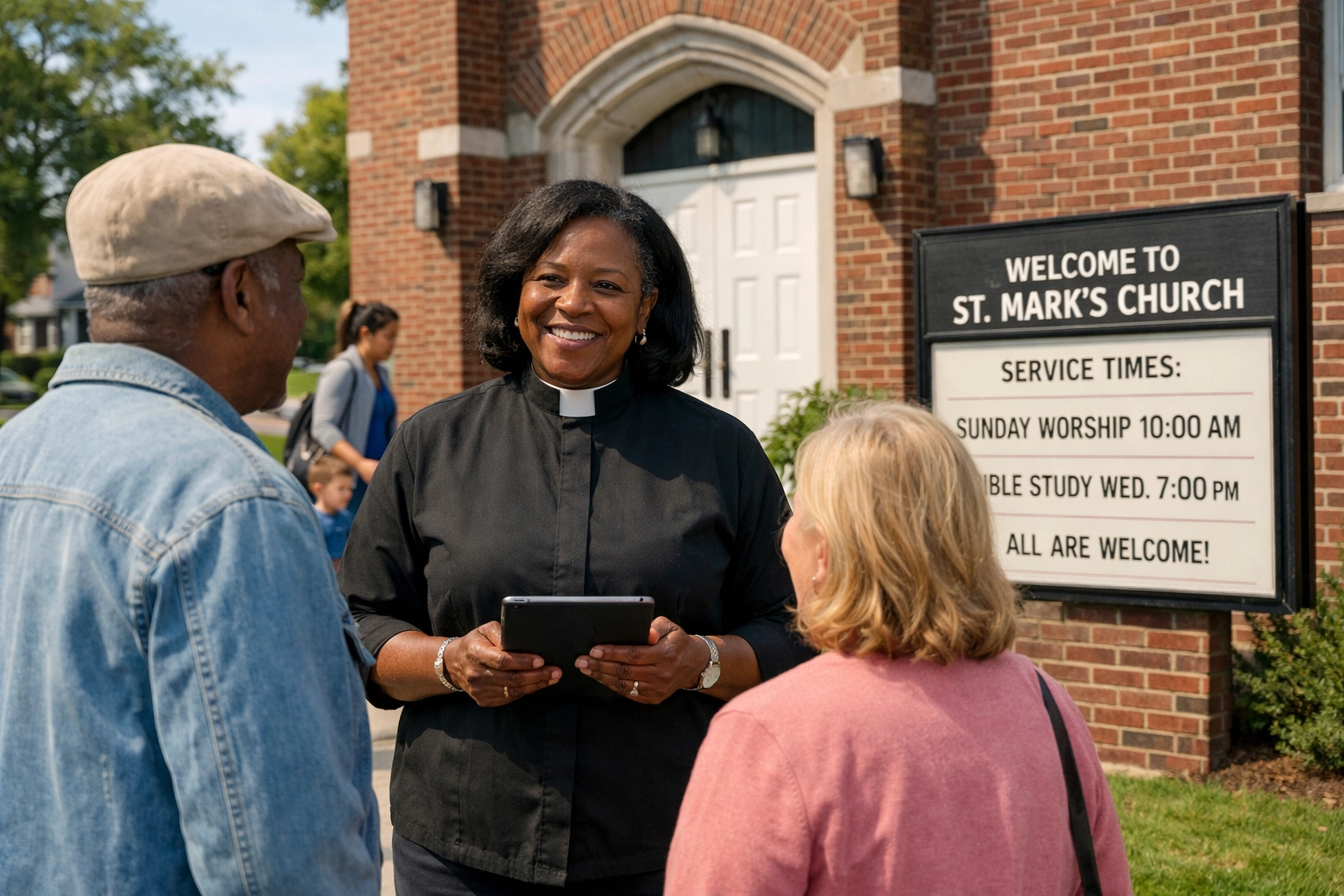 Church pastor using tablet to connect with community members outside church building