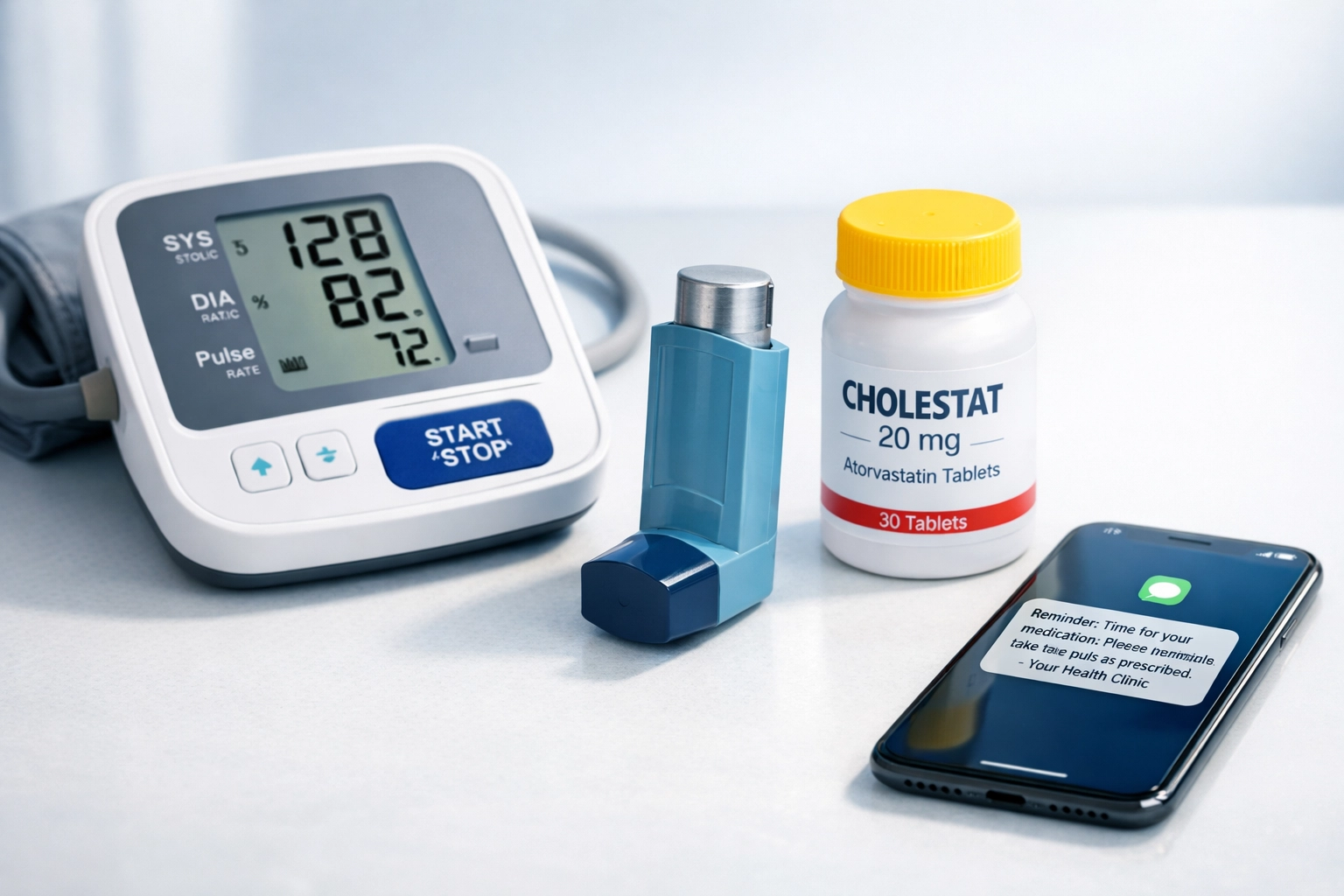 Blood pressure monitor, asthma inhaler, and cholesterol medication with smartphone for online refills
