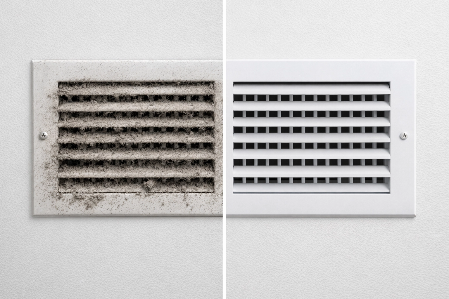 Before and after comparison of air duct cleaning showing dusty vs clean vent