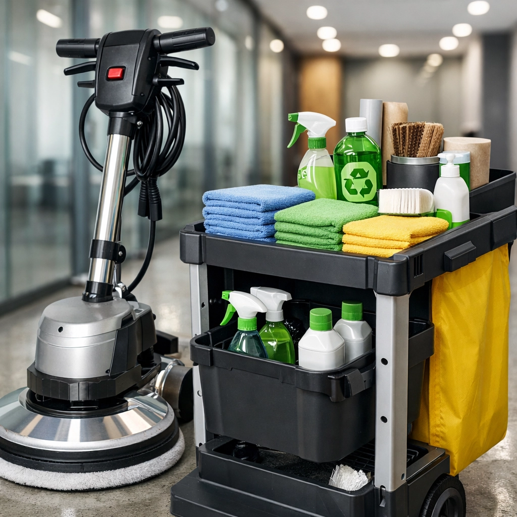 Professional janitorial equipment used for efficient office and commercial building turnover.