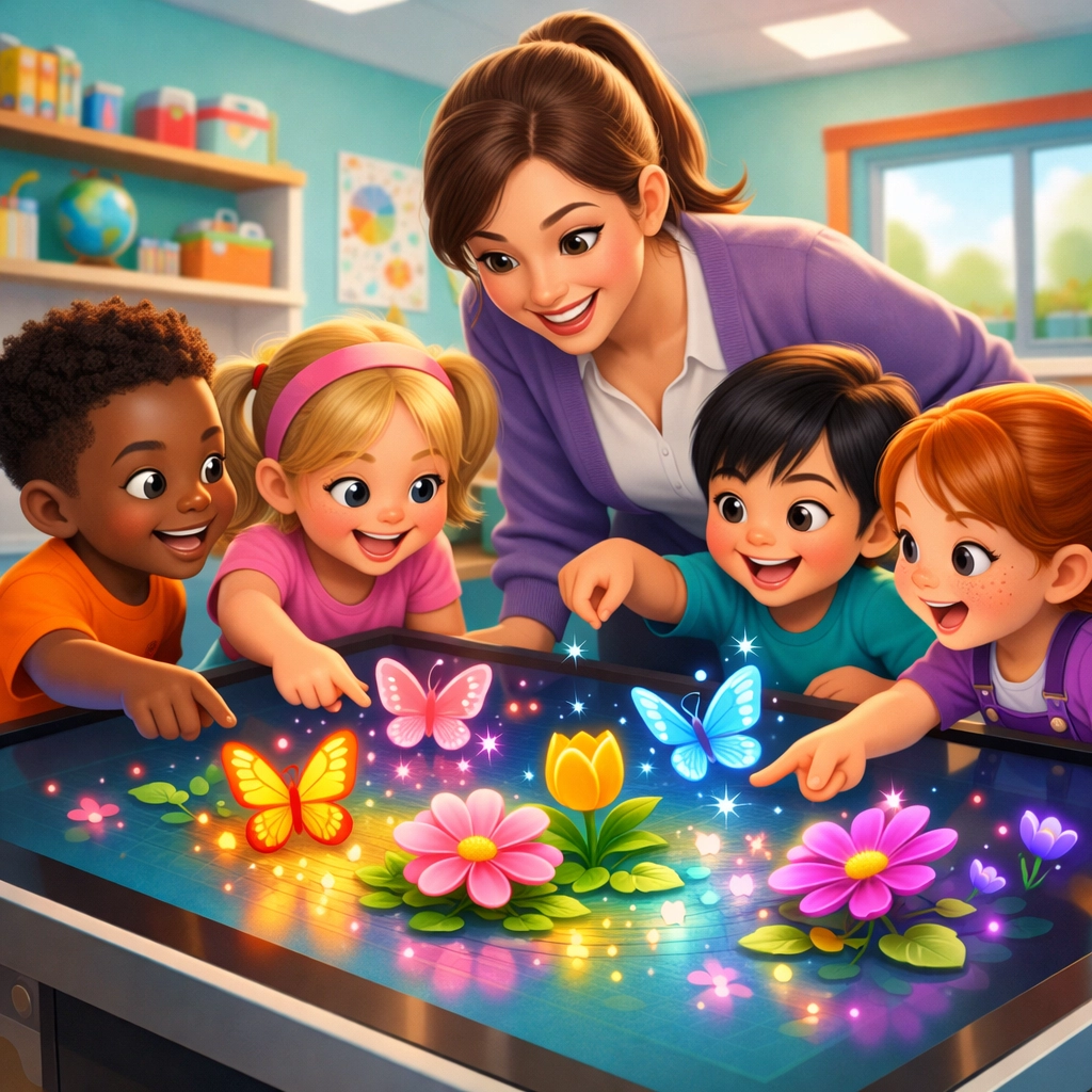 Preschoolers using interactive educational technology at our child care centre in Prestons.