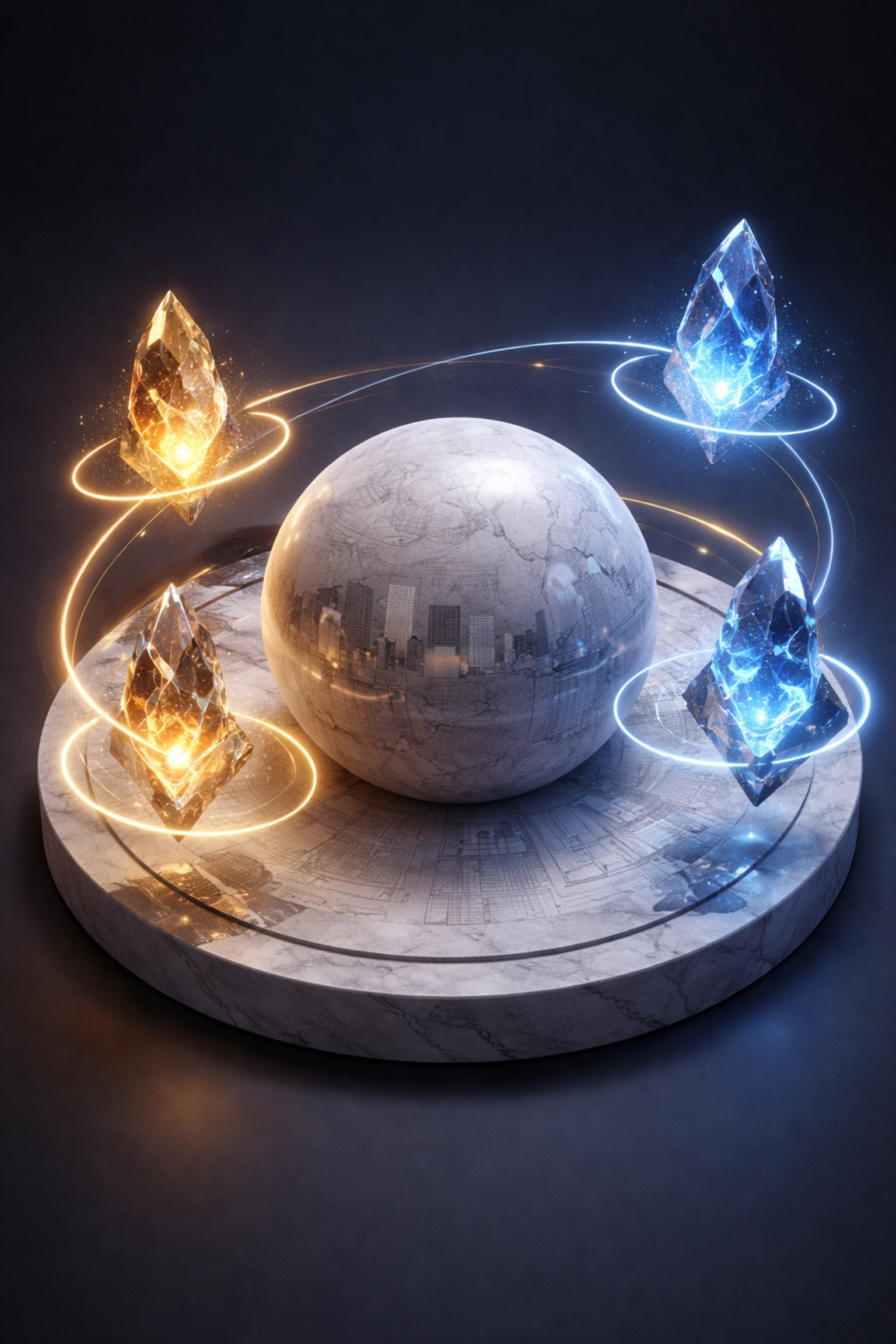 Illustration of stable real estate investments forming the core of a portfolio, with digital crypto assets orbiting as satellites.